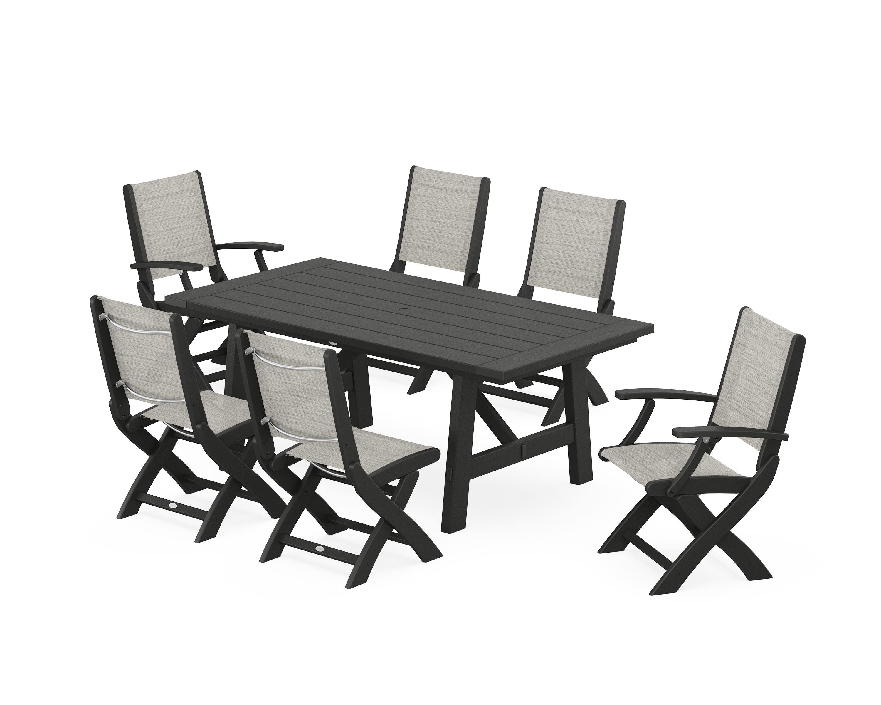 POLYWOOD Coastal Folding Chair 7-Piece Rustic Farmhouse Dining Set in Black / Birch Sling
