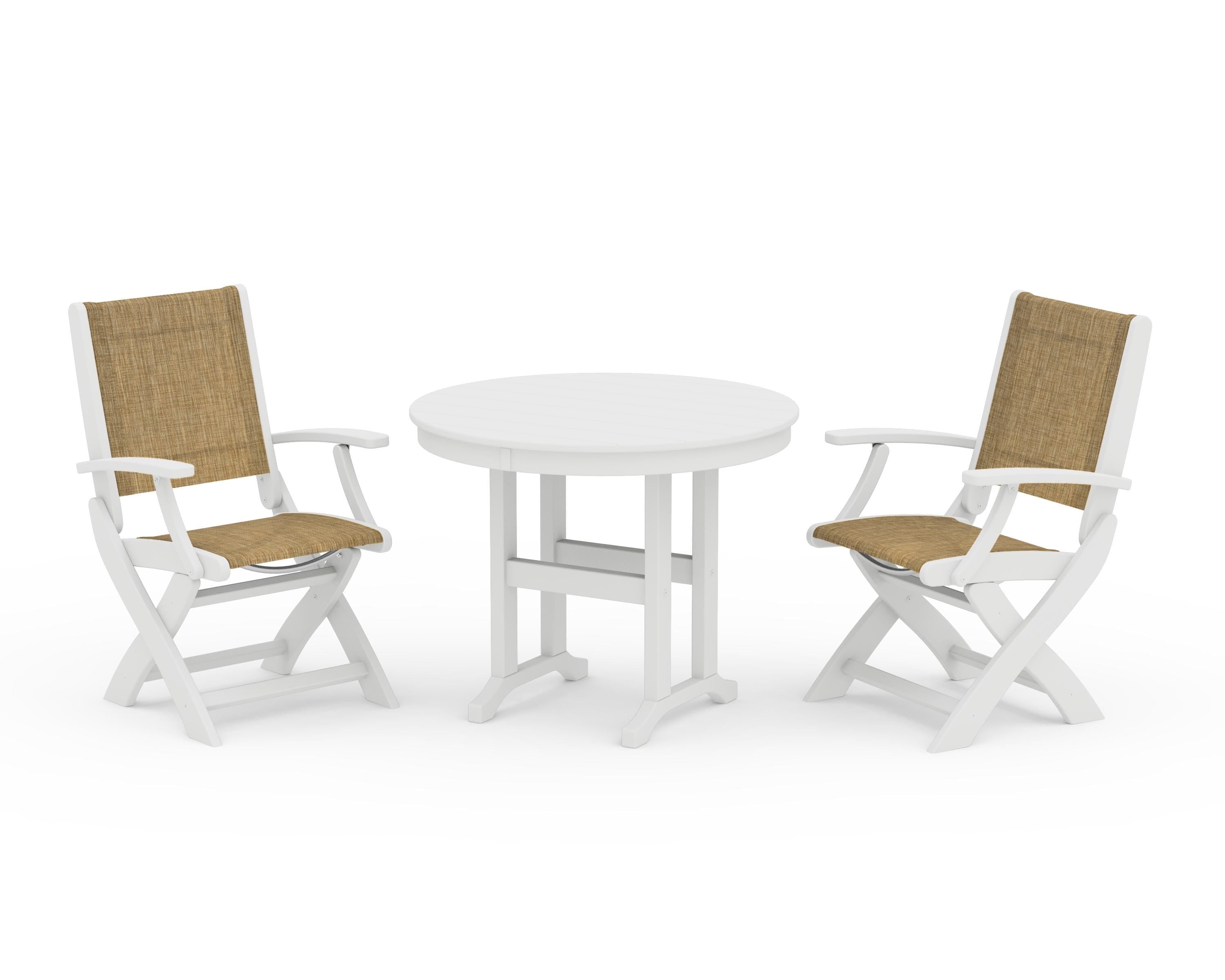 POLYWOOD Coastal Folding Chair 3-Piece Round Dining Set in White / Burlap Sling