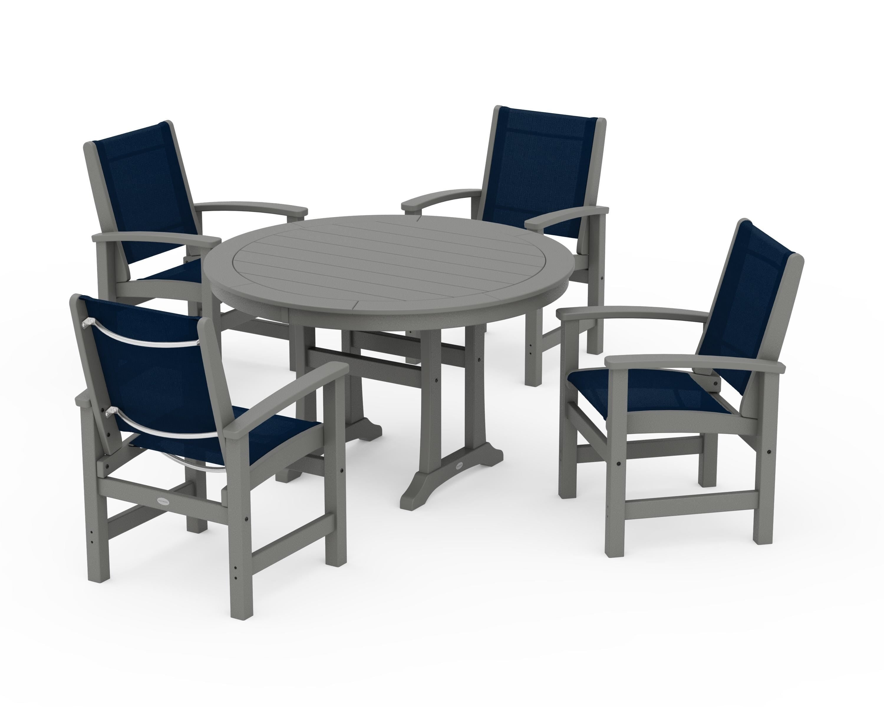 POLYWOOD Coastal 5-Piece Round Dining Set with Trestle Legs in Slate Grey / Navy Blue Sling