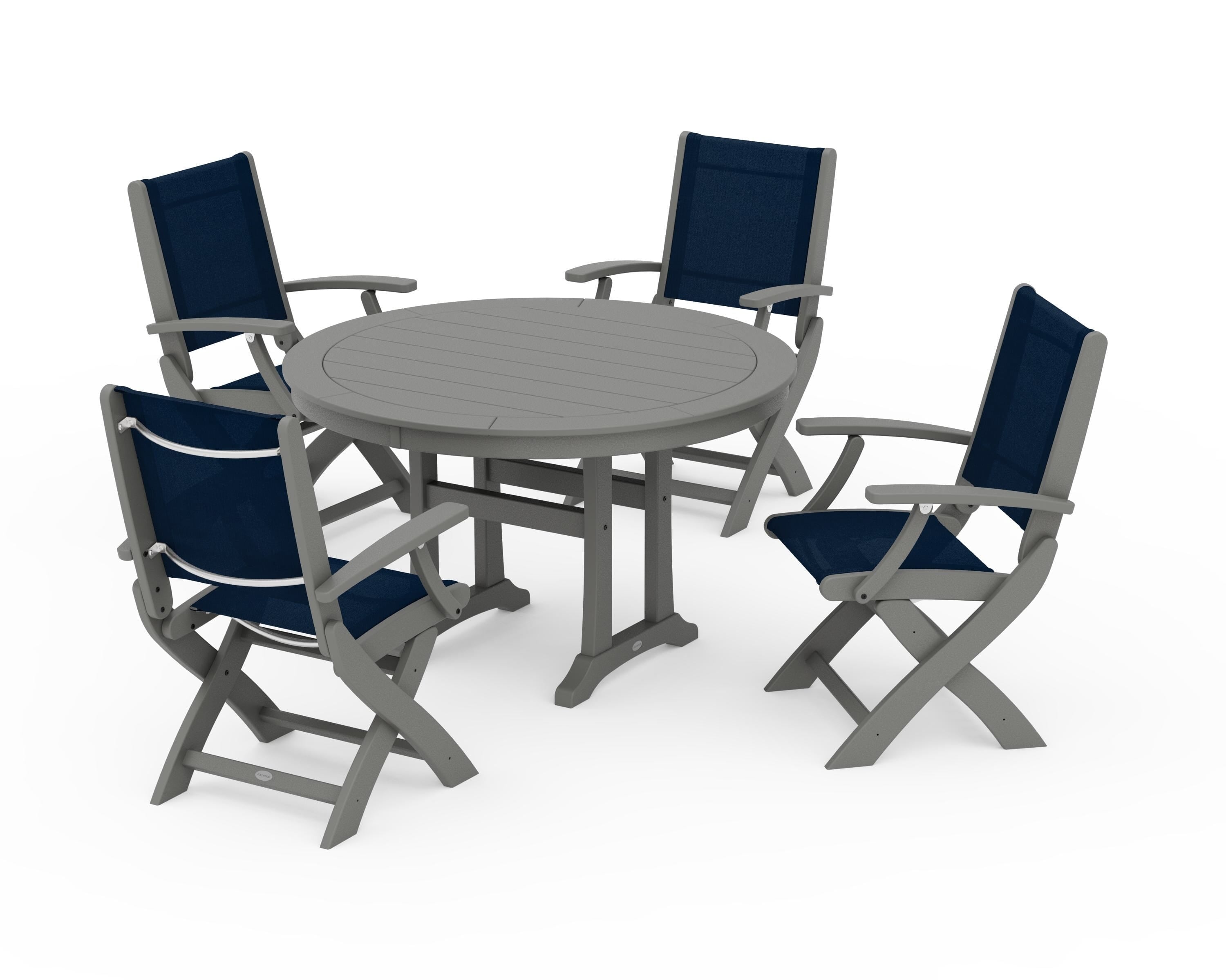 POLYWOOD Coastal Folding Chair 5-Piece Round Dining Set with Trestle Legs in Slate Grey / Navy Blue Sling