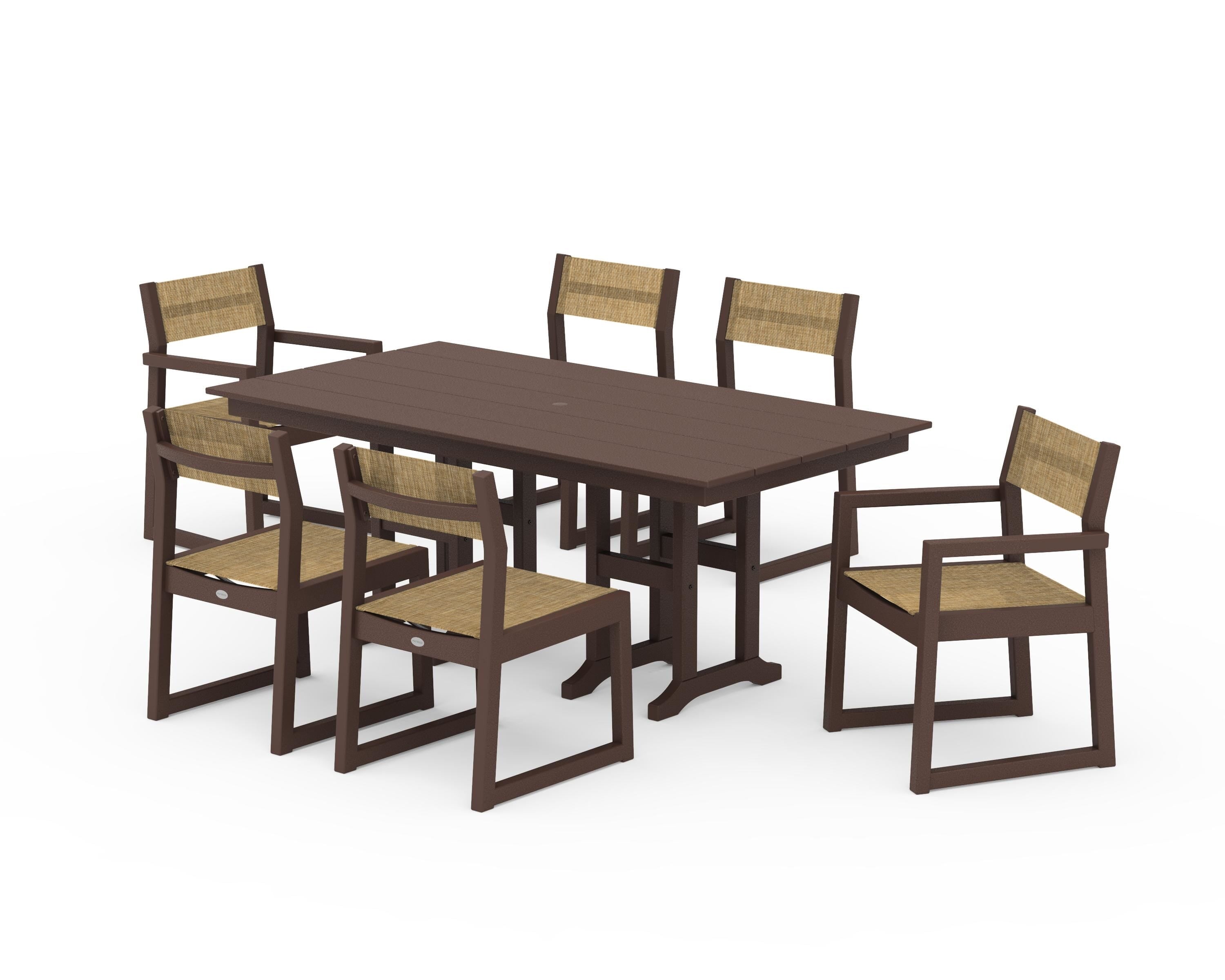 POLYWOOD EDGE Sling 7-Piece Farmhouse Dining Set in Mahogany / Burlap Sling