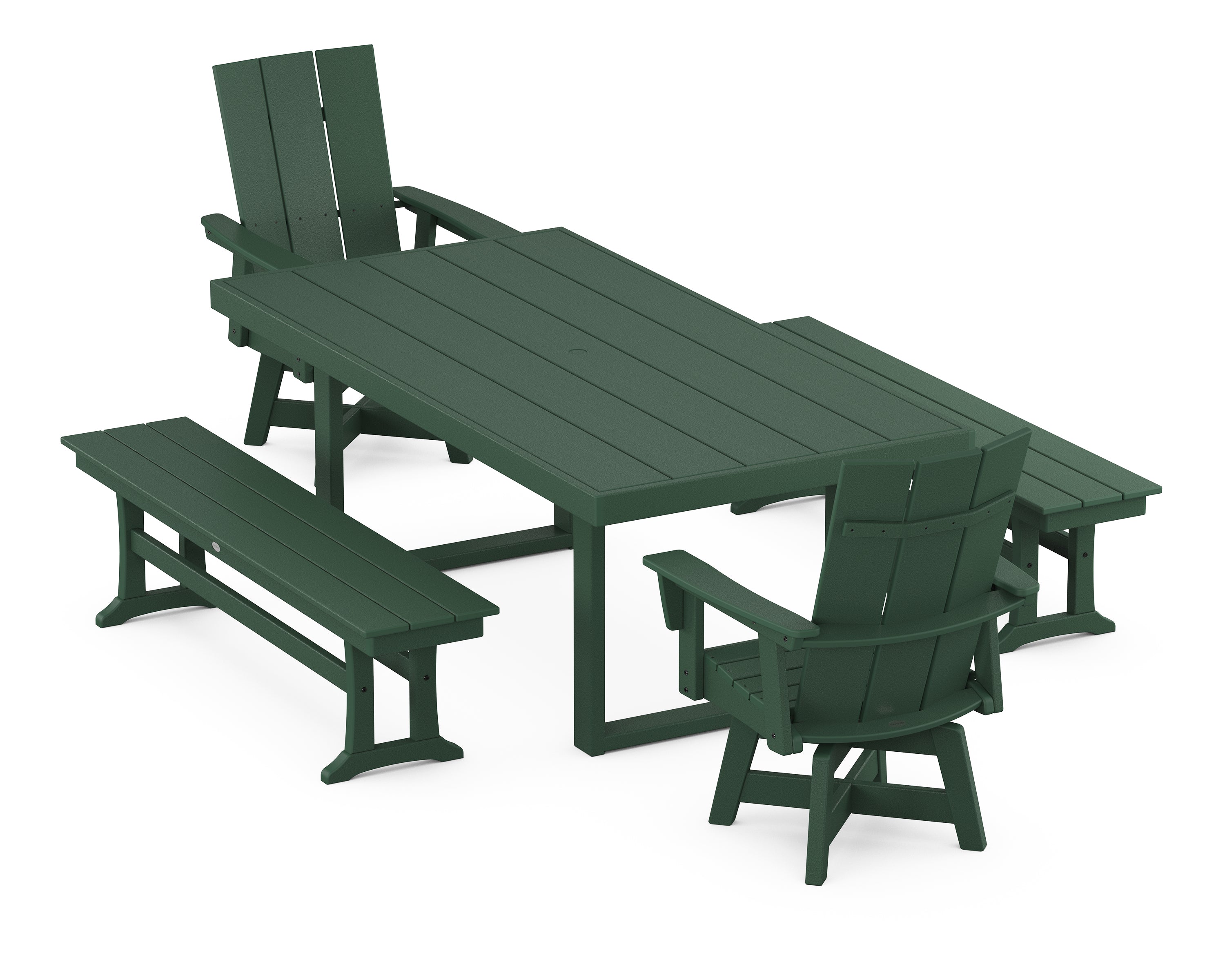 POLYWOOD Modern Adirondack Swivel Chair 5-Piece Dining Set with Benches in Green