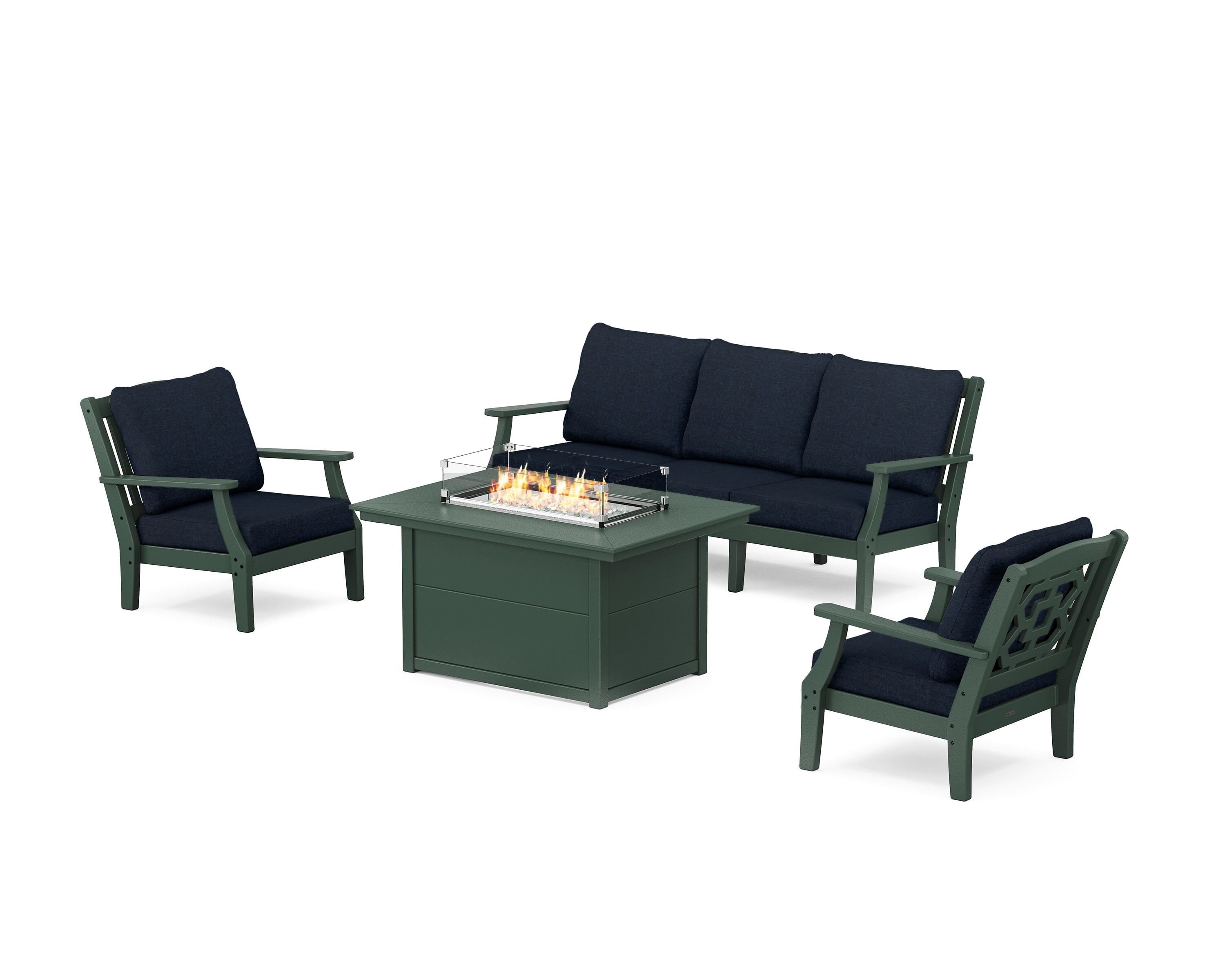 Martha Stewart by POLYWOOD Chinoiserie Deep Seating Fire Pit Table Set in Green / Marine Indigo
