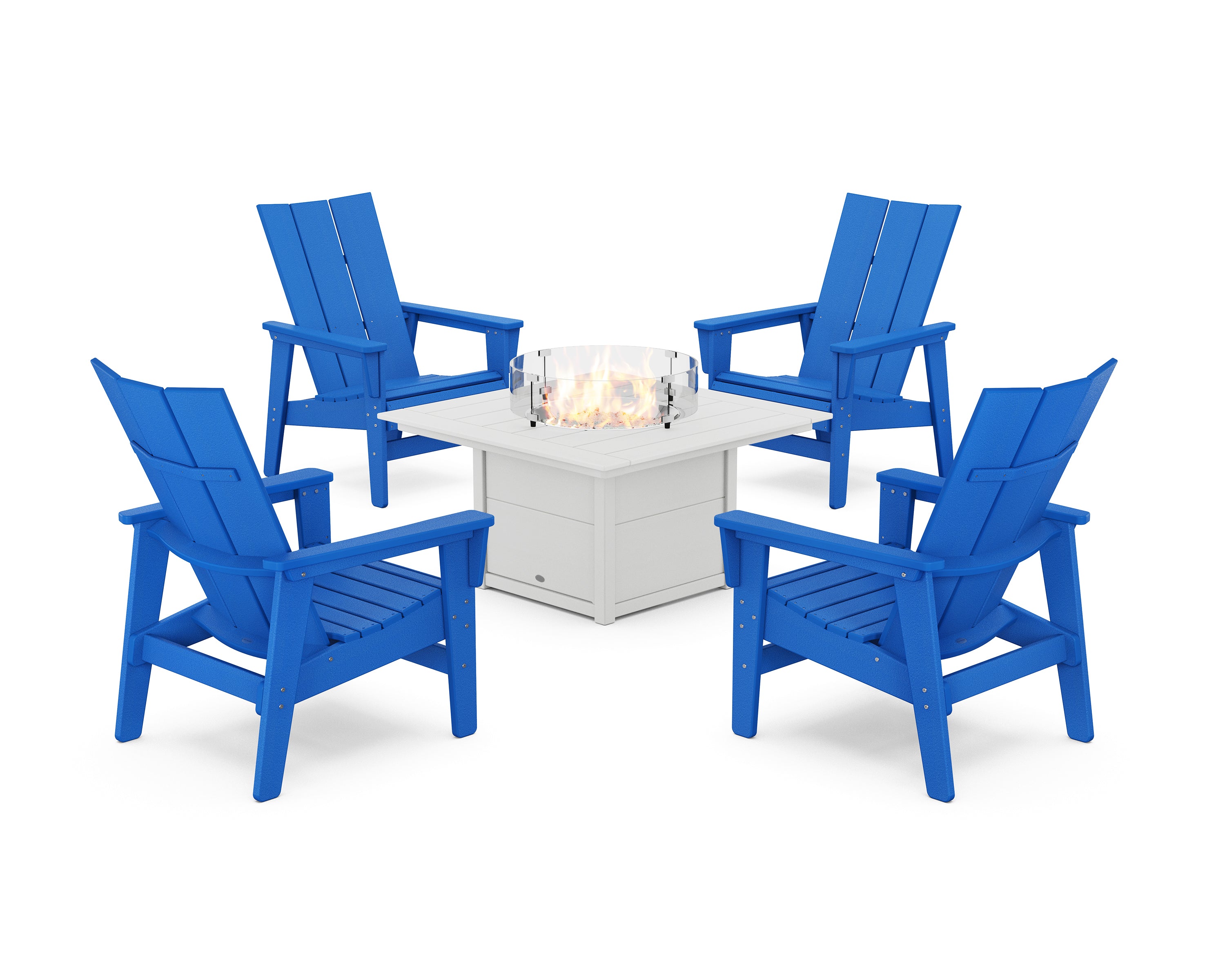 POLYWOOD 5-Piece Modern Grand Upright Adirondack Conversation Set with Fire Pit Table in Pacific Blue / White