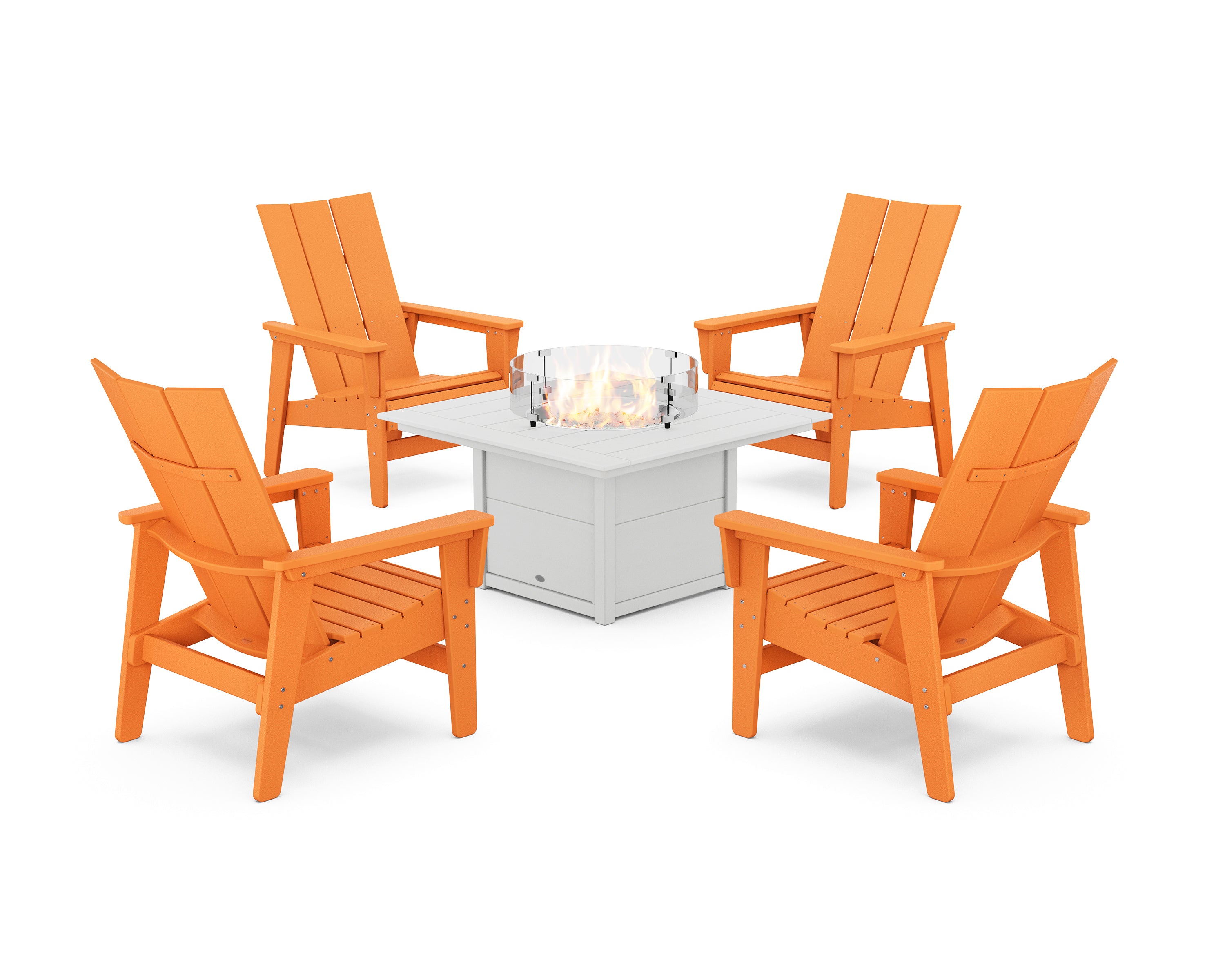 POLYWOOD 5-Piece Modern Grand Upright Adirondack Conversation Set with Fire Pit Table in Tangerine / White