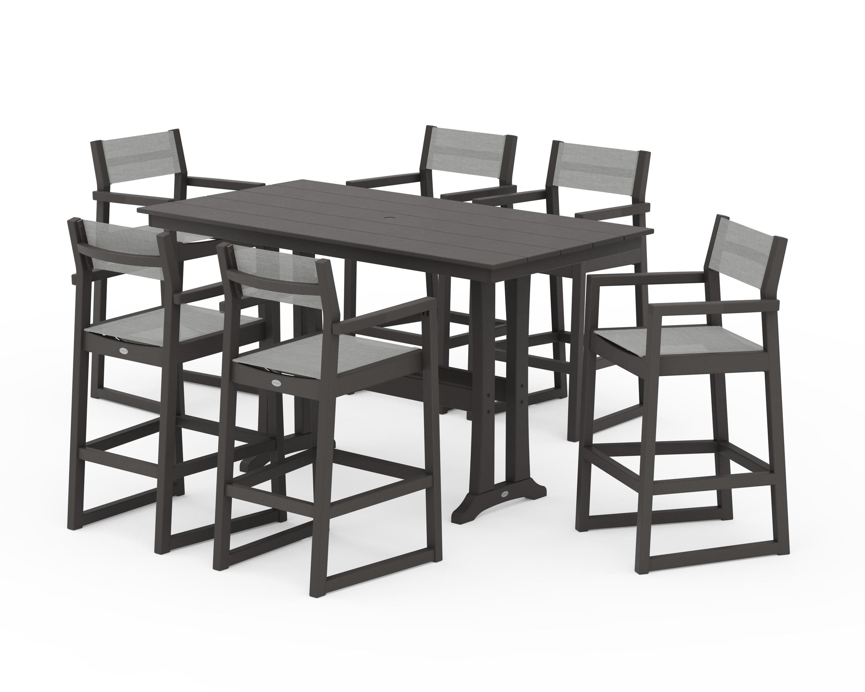POLYWOOD EDGE Sling Arm Chair 7-Piece Farmhouse Bar Set with Trestle Legs in Vintage Coffee / Metallic Sling
