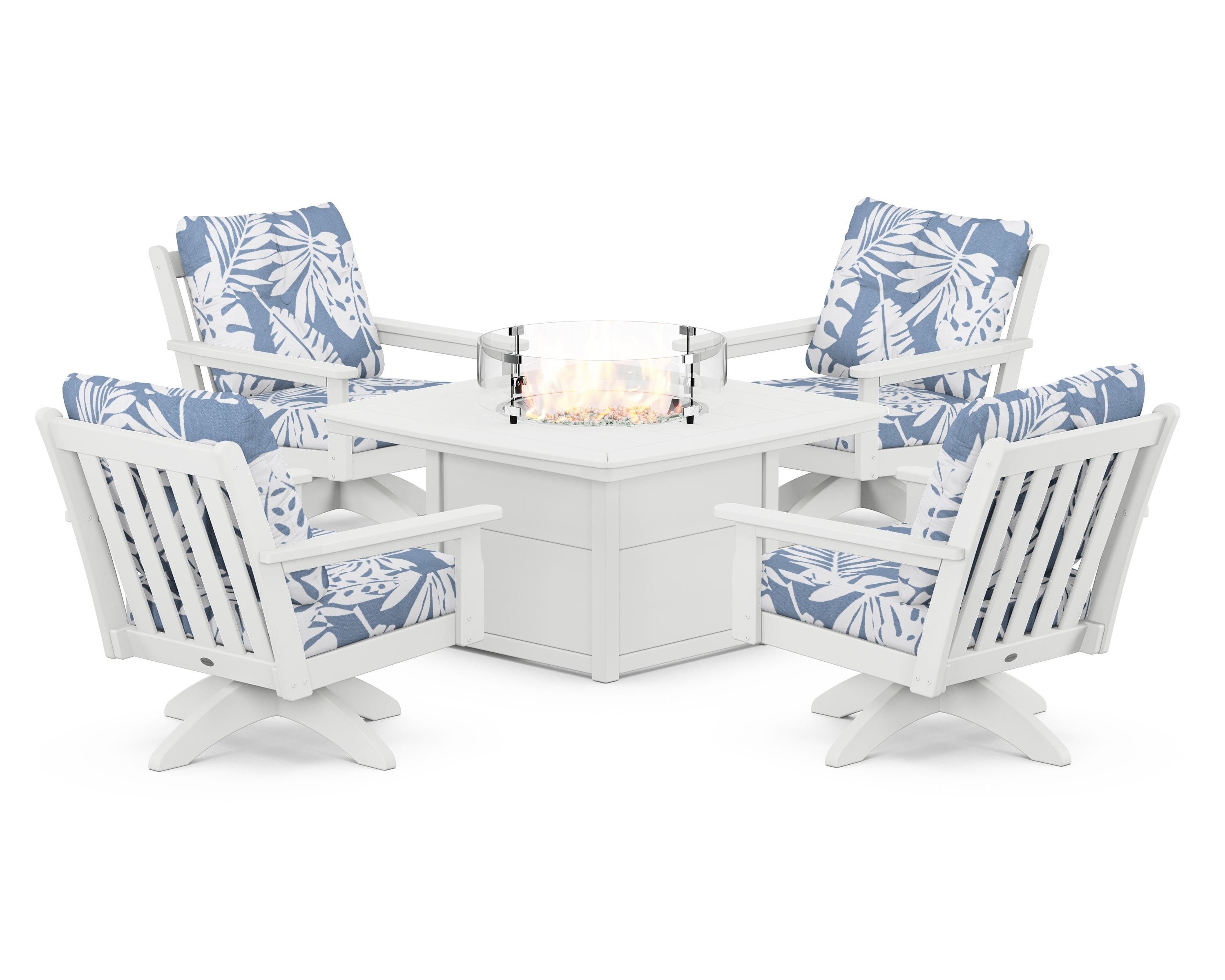 POLYWOOD Vineyard 5-Piece Deep Seating Swivel Conversation Set with Fire Pit Table in White / Leaf Sky Blue