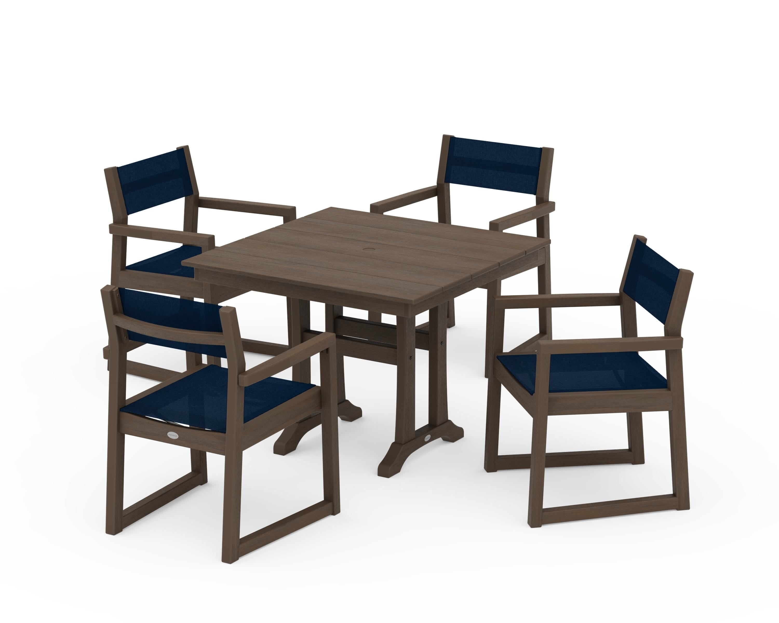 POLYWOOD EDGE Sling 5-Piece Farmhouse Dining Set with Trestle Legs in Kona / Navy Blue Sling