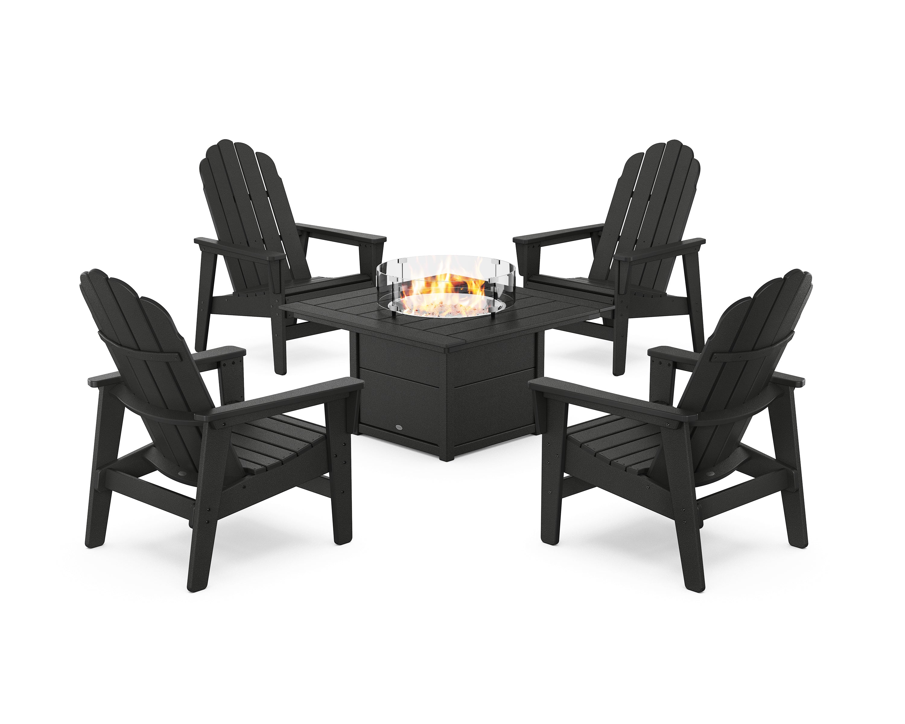 POLYWOOD 5-Piece Vineyard Grand Upright Adirondack Conversation Set with Fire Pit Table in Black