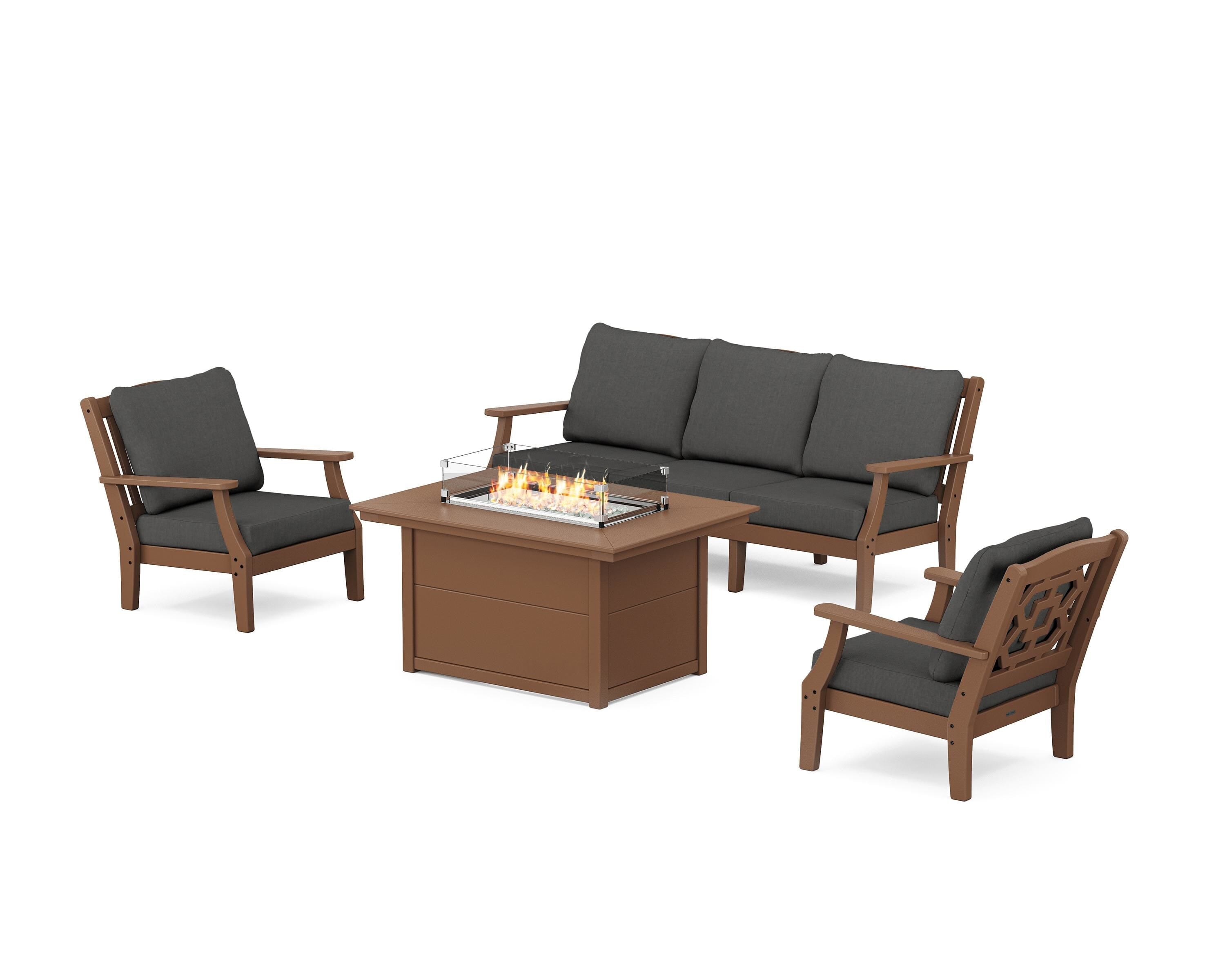 Martha Stewart by POLYWOOD Chinoiserie Deep Seating Fire Pit Table Set in Teak / Spectrum Carbon