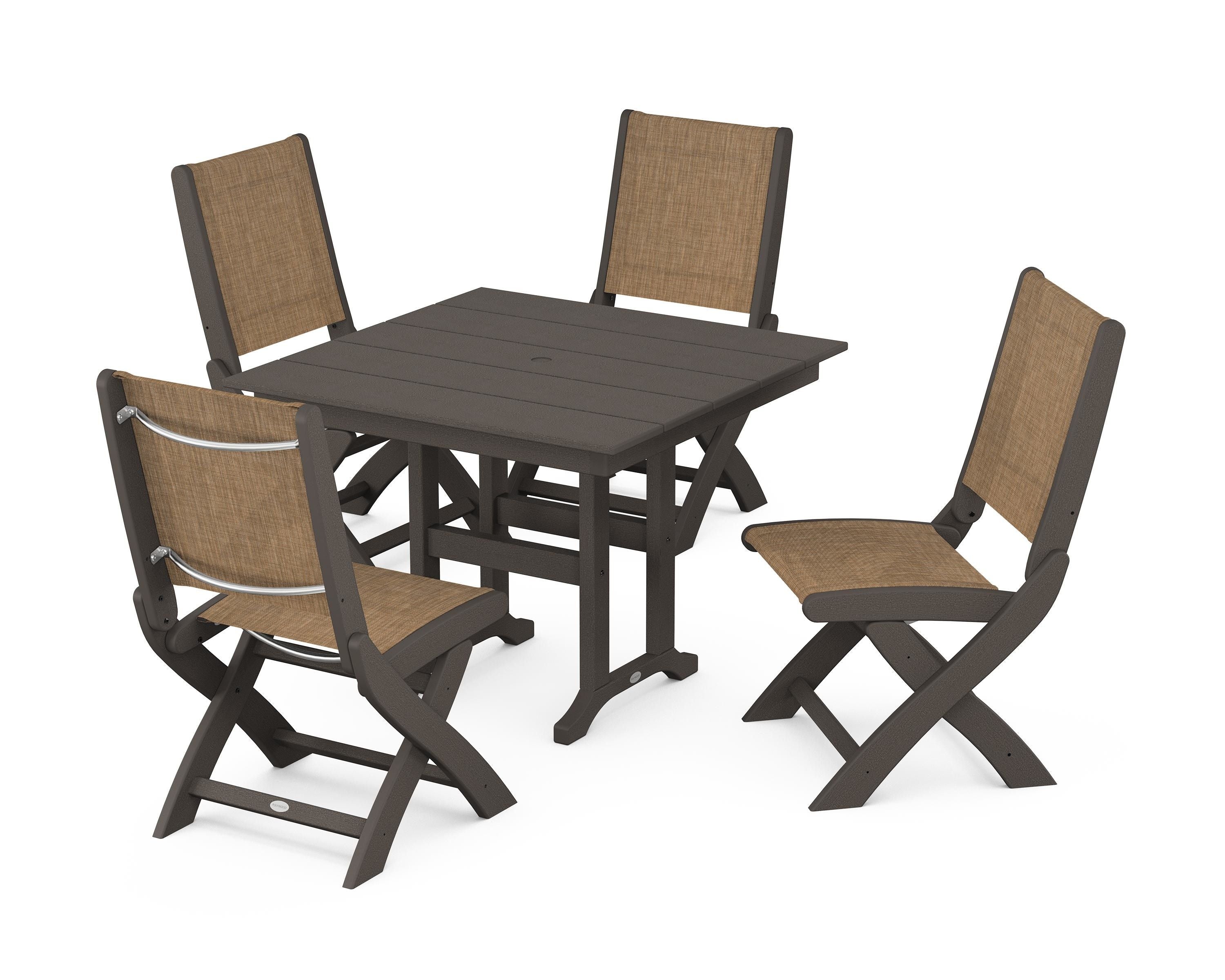 POLYWOOD Coastal Folding Side Chair 5-Piece Farmhouse Dining Set in Vintage Coffee / Burlap Sling