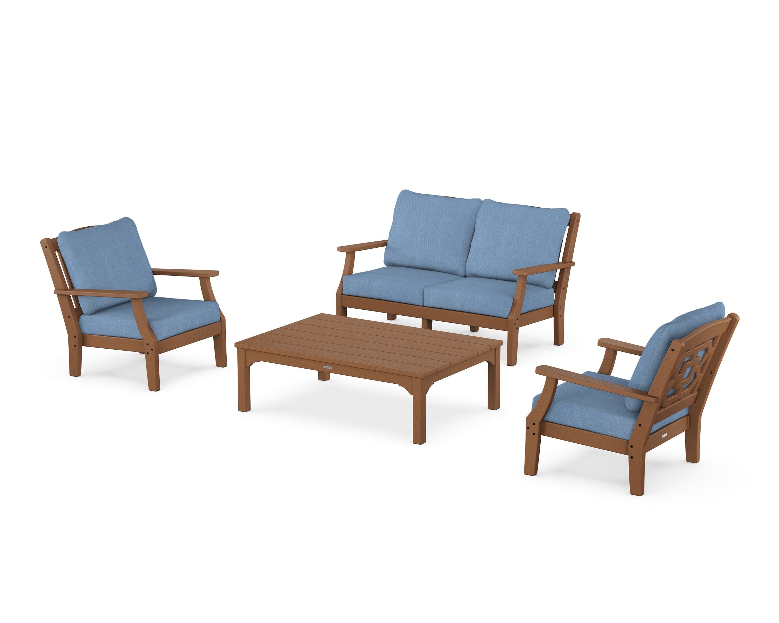 Martha Stewart by POLYWOOD Chinoiserie 4-Piece Deep Seating Set with Loveseat in Teak / Sky Blue