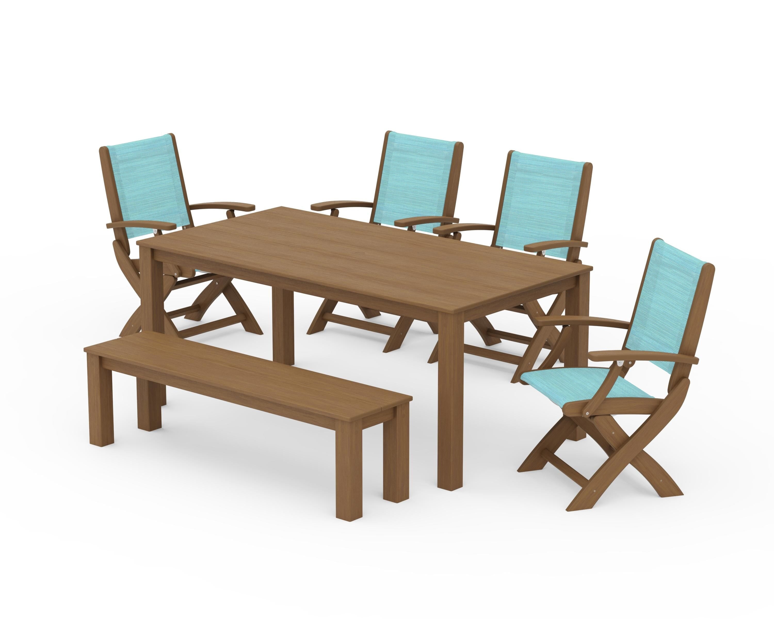 POLYWOOD Coastal Folding Chair 6-Piece Parsons Dining Set with Bench in Natural / Dupioni Aquamarine Sling