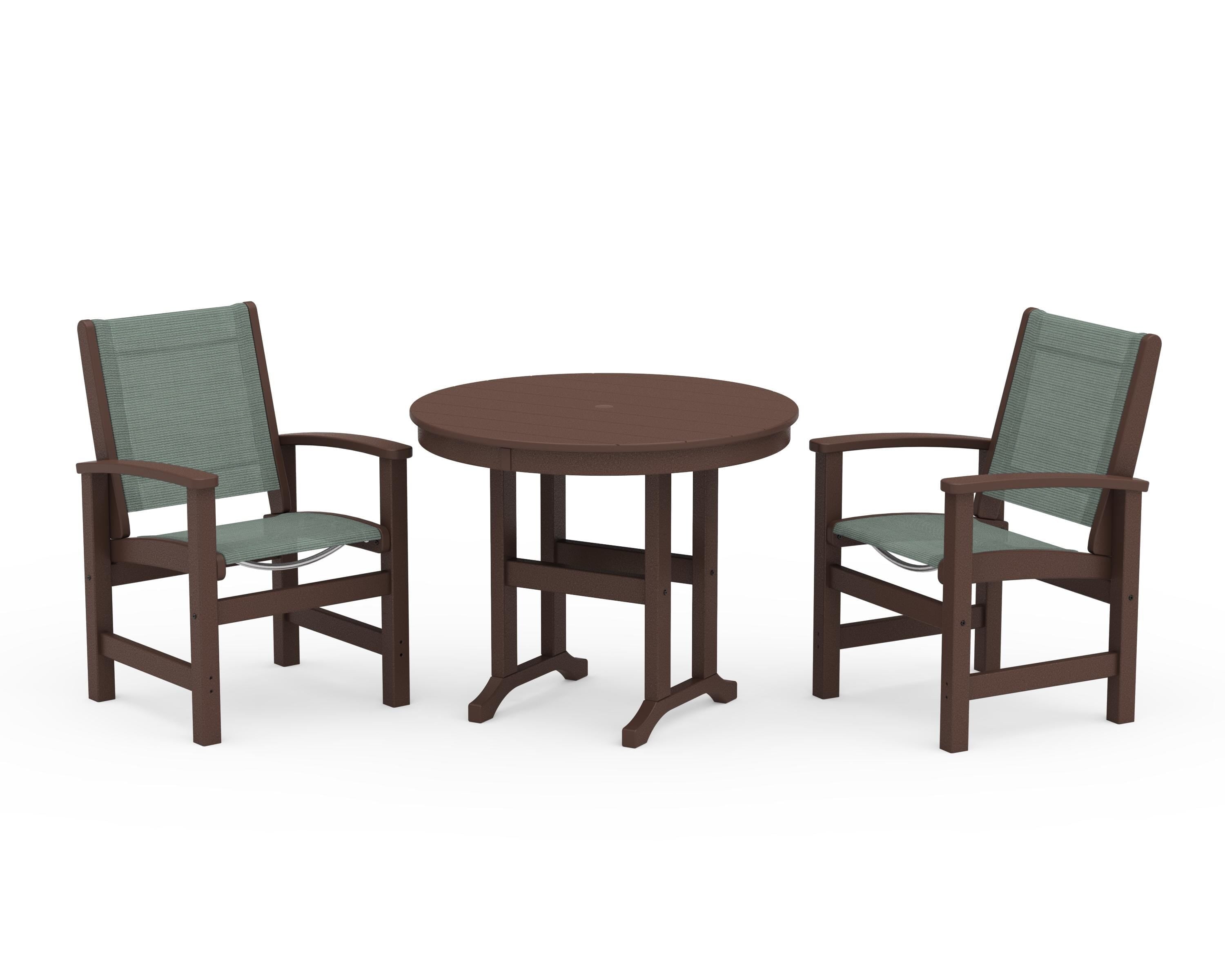 POLYWOOD Coastal 3-Piece Round Dining Set in Mahogany / Dupioni Sea Mist Sling