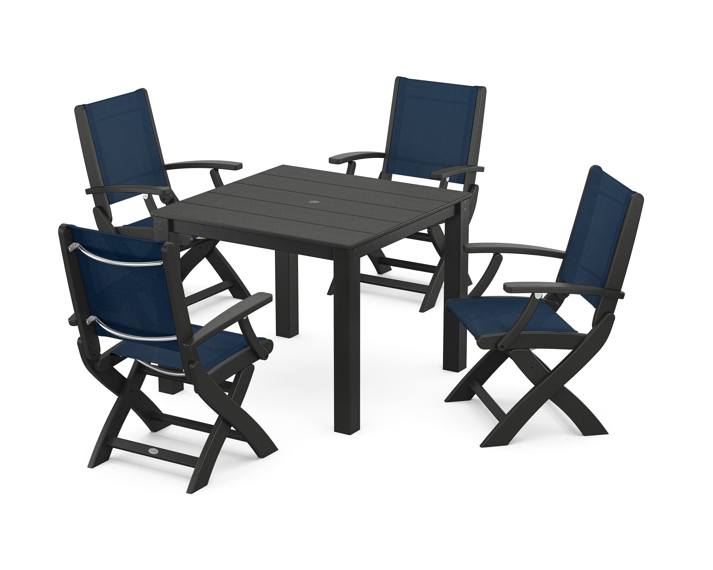 POLYWOOD Coastal Folding Chair 5-Piece Parsons Dining Set in Black / Navy Blue Sling
