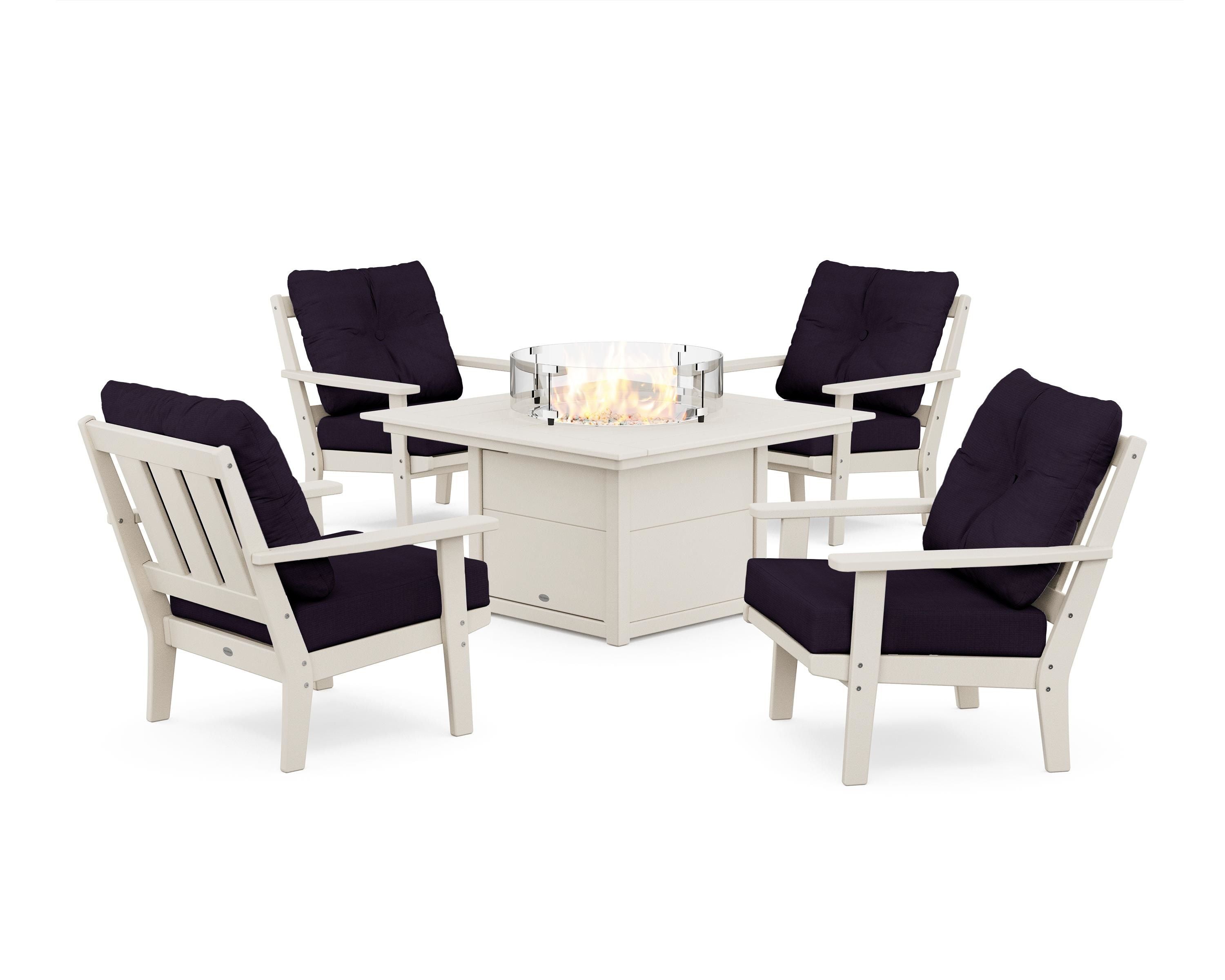 POLYWOOD Oxford 5-Piece Deep Seating Set with Fire Pit Table in Sand / Navy Linen