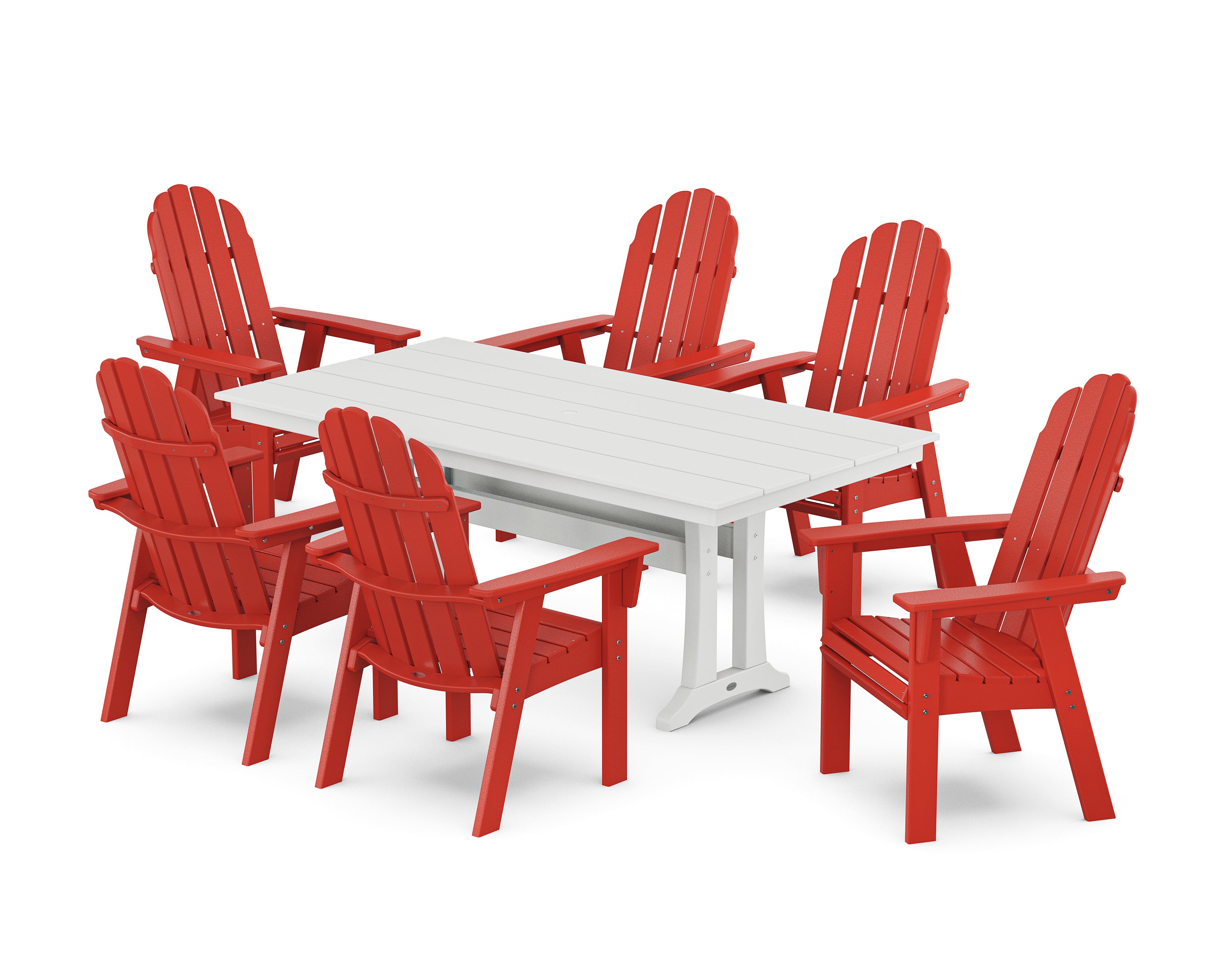 POLYWOOD Vineyard Curveback Adirondack Chair 7-Piece Farmhouse Dining Set with Trestle Legs in Sunset Red / White