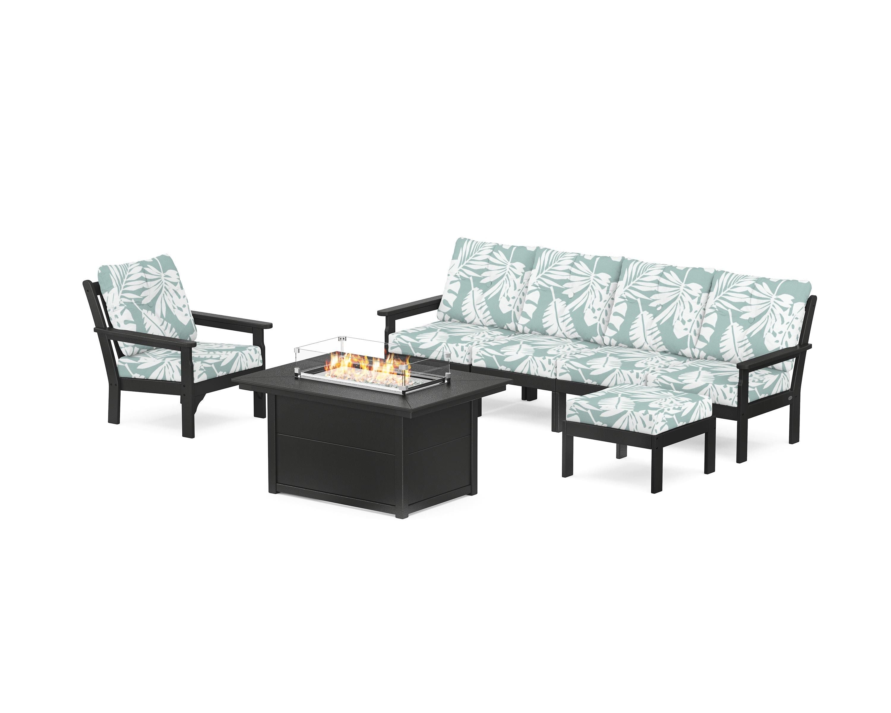 POLYWOOD Vineyard Sectional Lounge and Fire Pit Set in Black / Leaf Glacier Spa