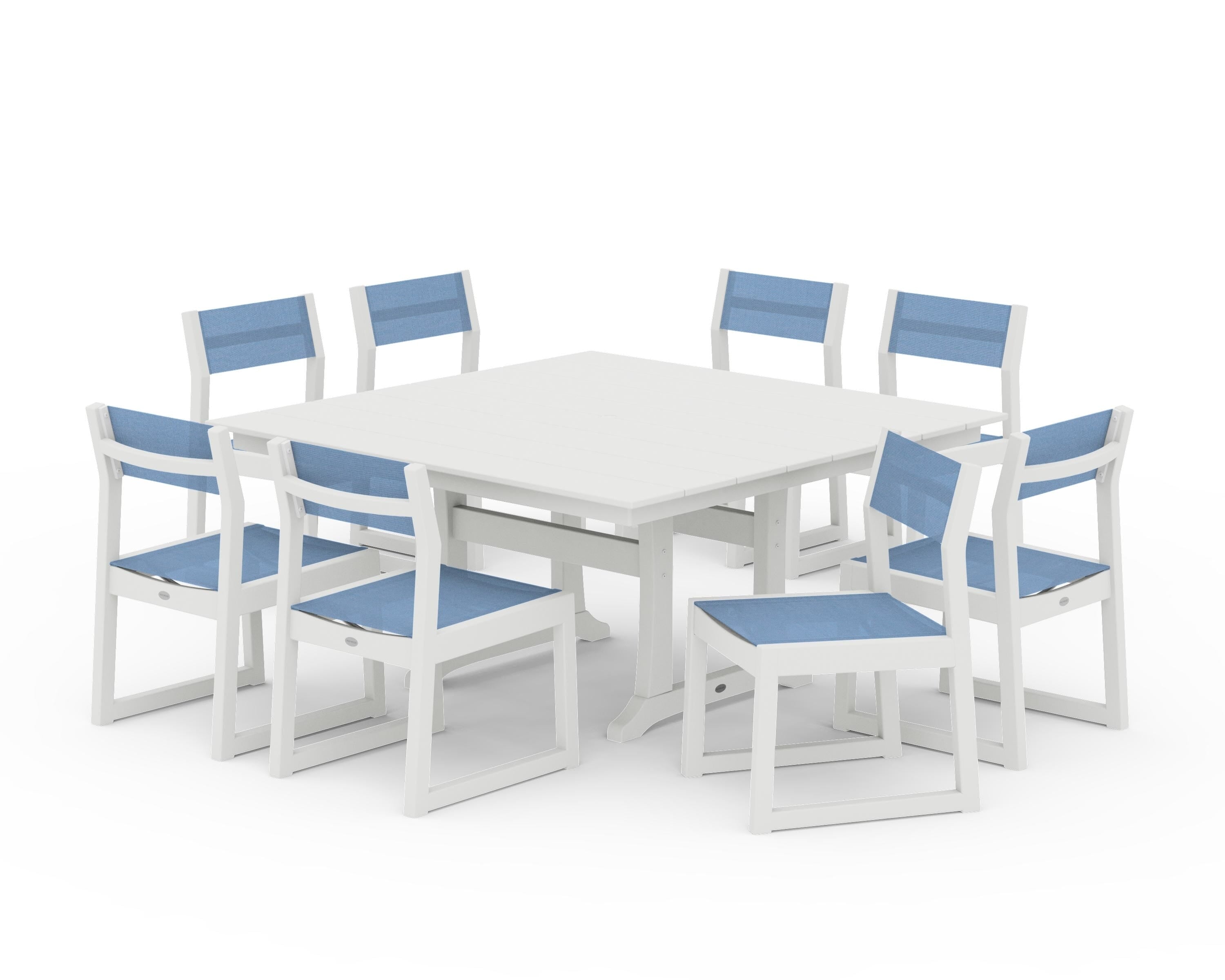 POLYWOOD EDGE Sling Side Chair 9-Piece Farmhouse Trestle Dining Set in Vintage White / Poolside Sling