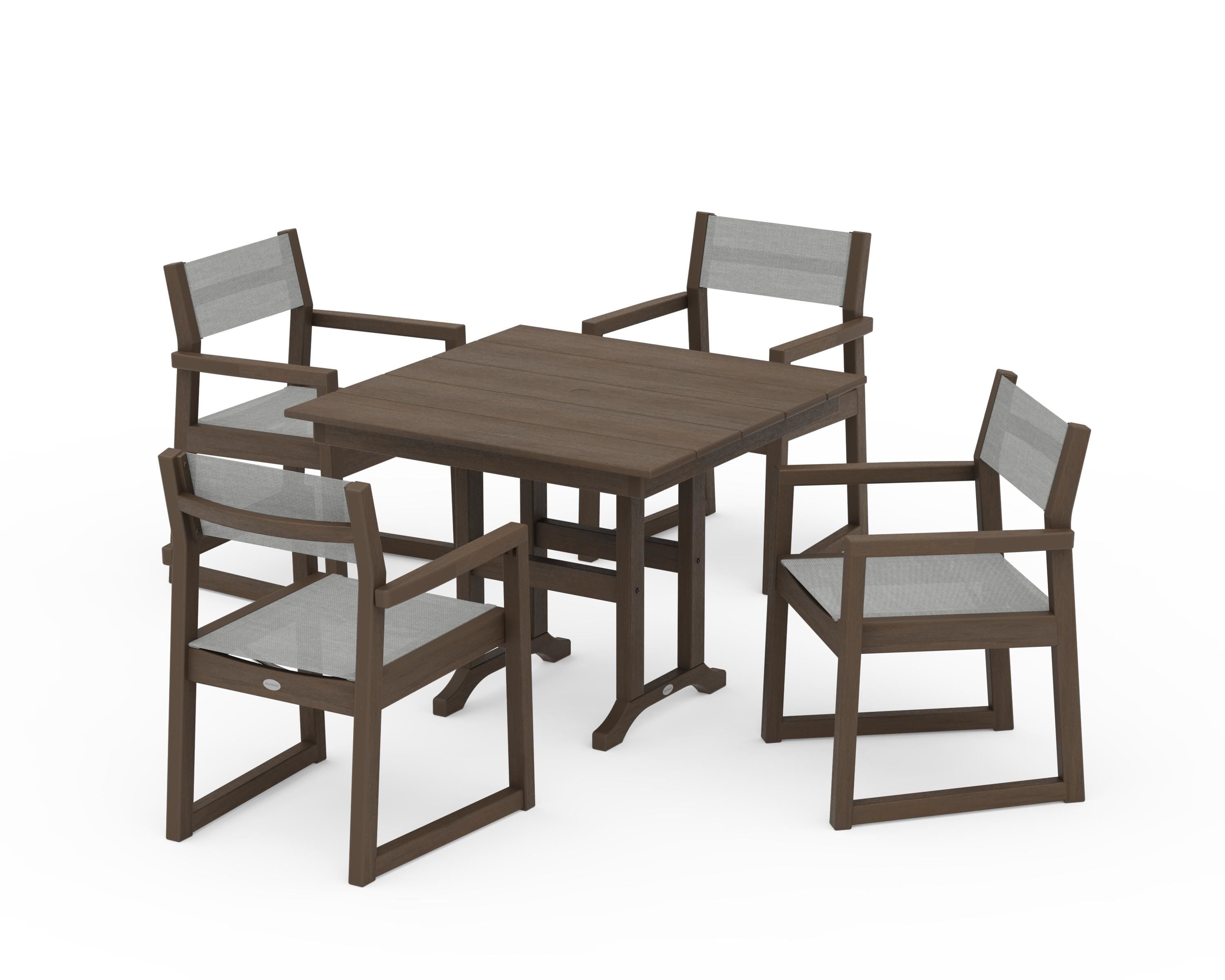 POLYWOOD EDGE Sling Arm Chair 5-Piece Farmhouse Dining Set in Kona / Metallic Sling