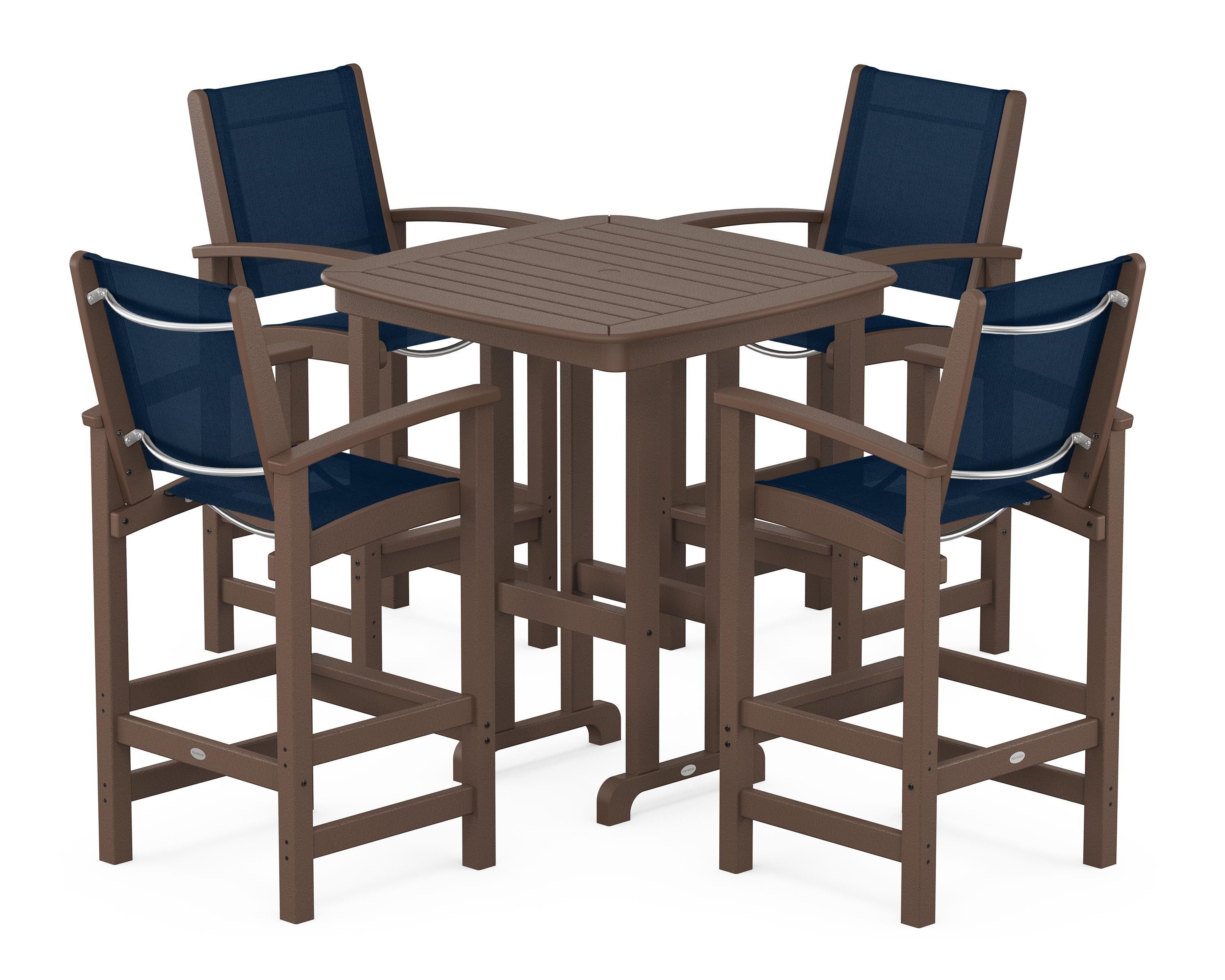 POLYWOOD Coastal 5-Piece Bar Set in Mahogany / Navy Blue Sling