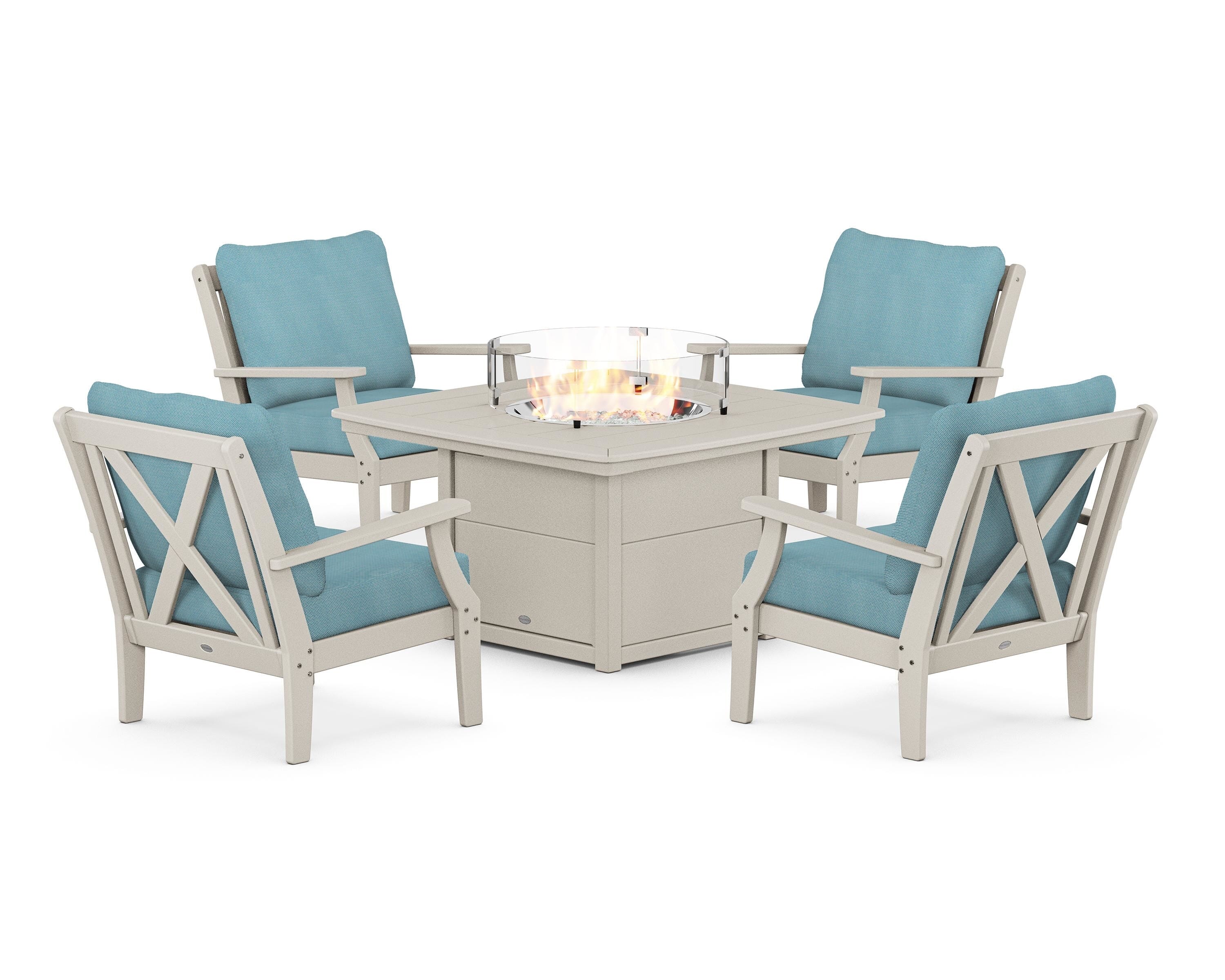 POLYWOOD Braxton 5-Piece Deep Seating Conversation Set with Fire Pit Table in Sand / Lattice Sky Blue