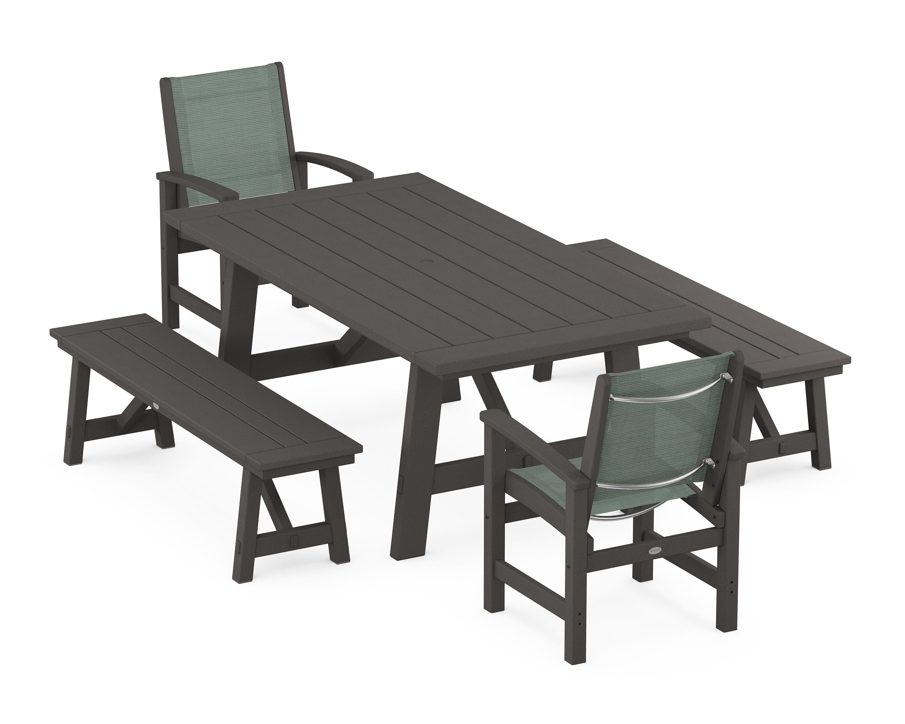 POLYWOOD Coastal 5-Piece Rustic Farmhouse Dining Set With Benches in Vintage Coffee / Dupioni Sea Mist Sling