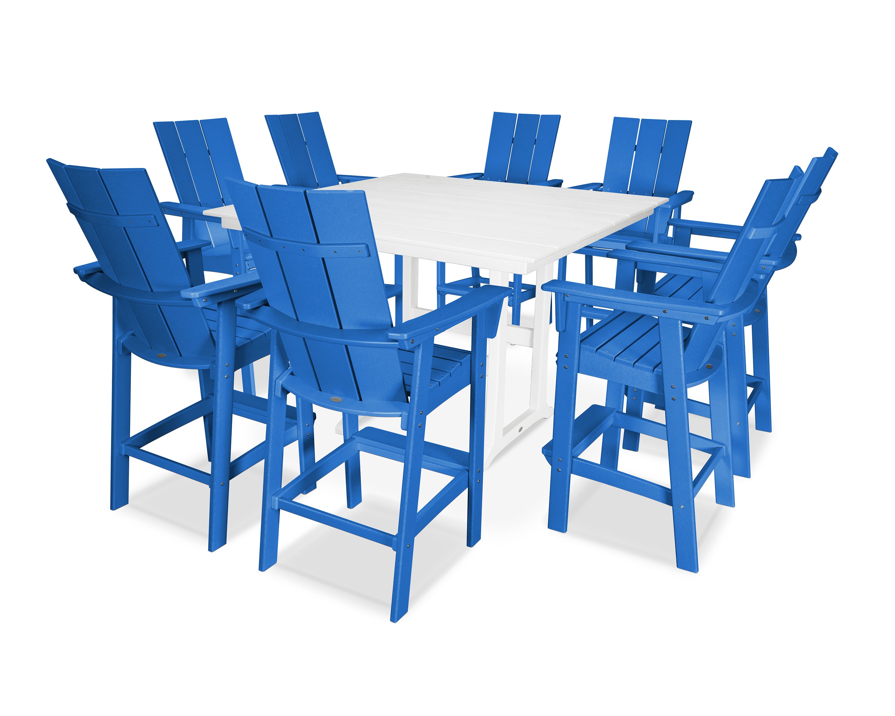 POLYWOOD® Modern Curveback Adirondack 9-Piece Farmhouse Trestle Bar Set in Pacific Blue / White