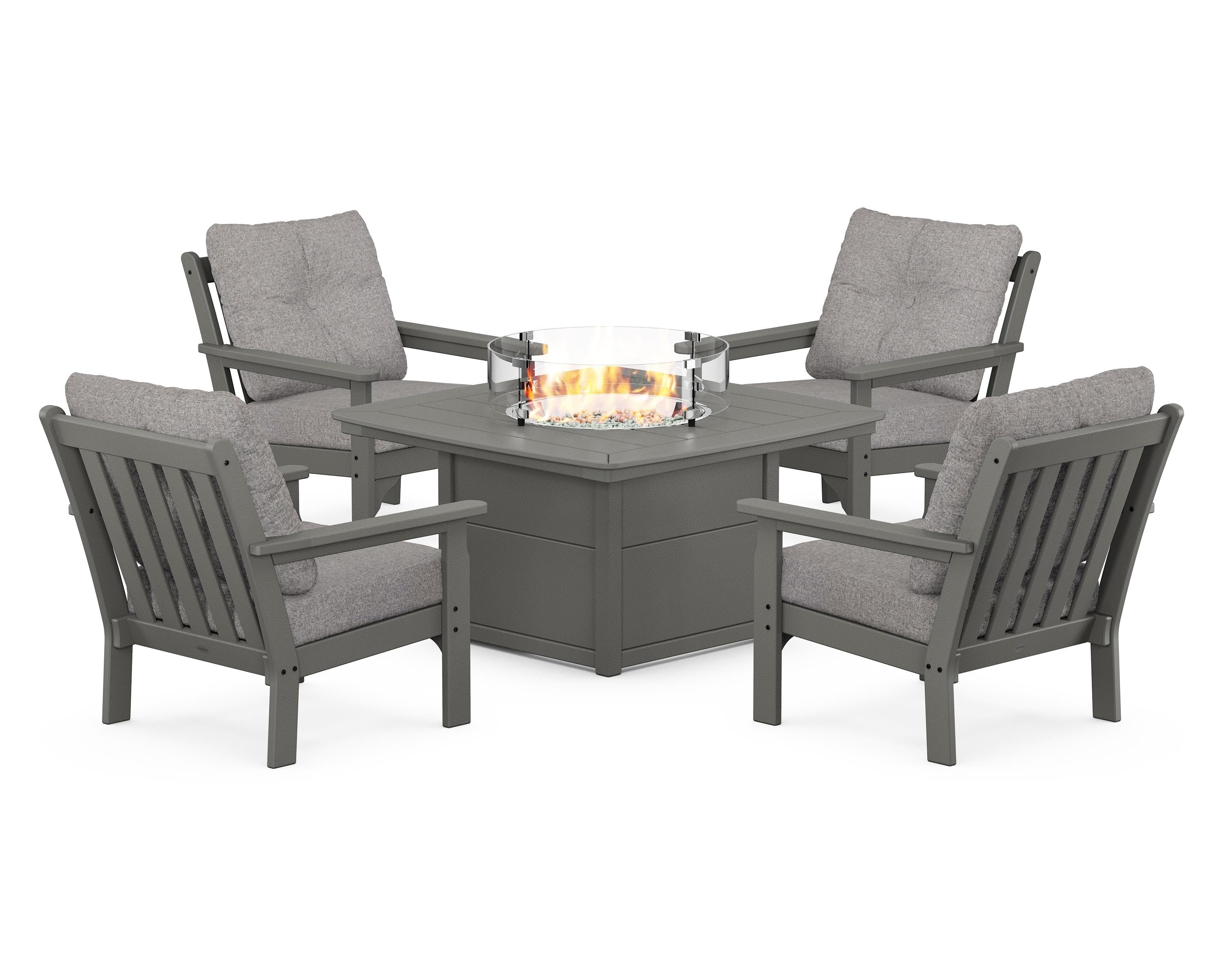 POLYWOOD Vineyard 5-Piece Conversation Set with Fire Pit Table in Slate Grey / Grey Mist