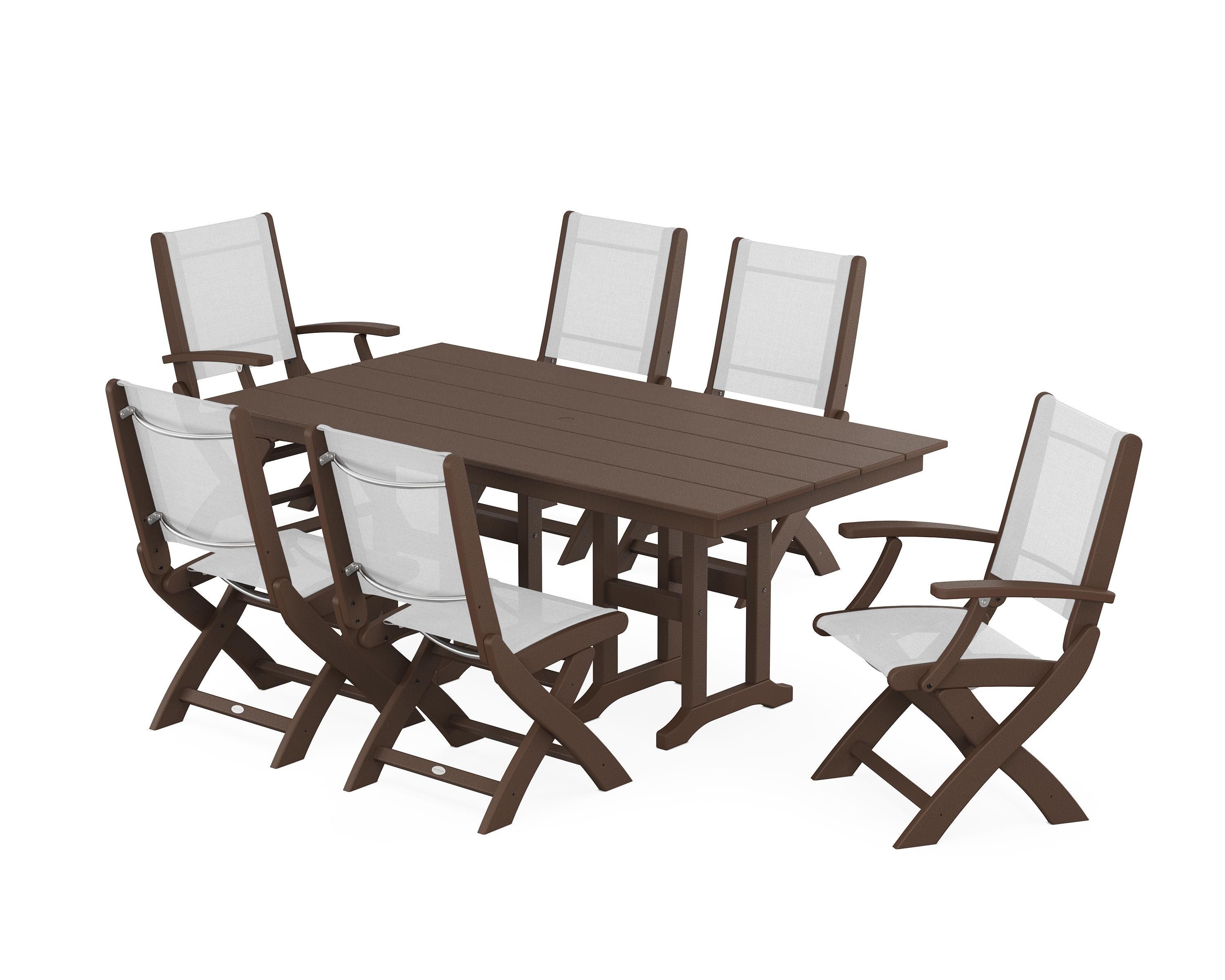 POLYWOOD Coastal Folding Chair 7-Piece Farmhouse Dining Set in Mahogany / White Sling