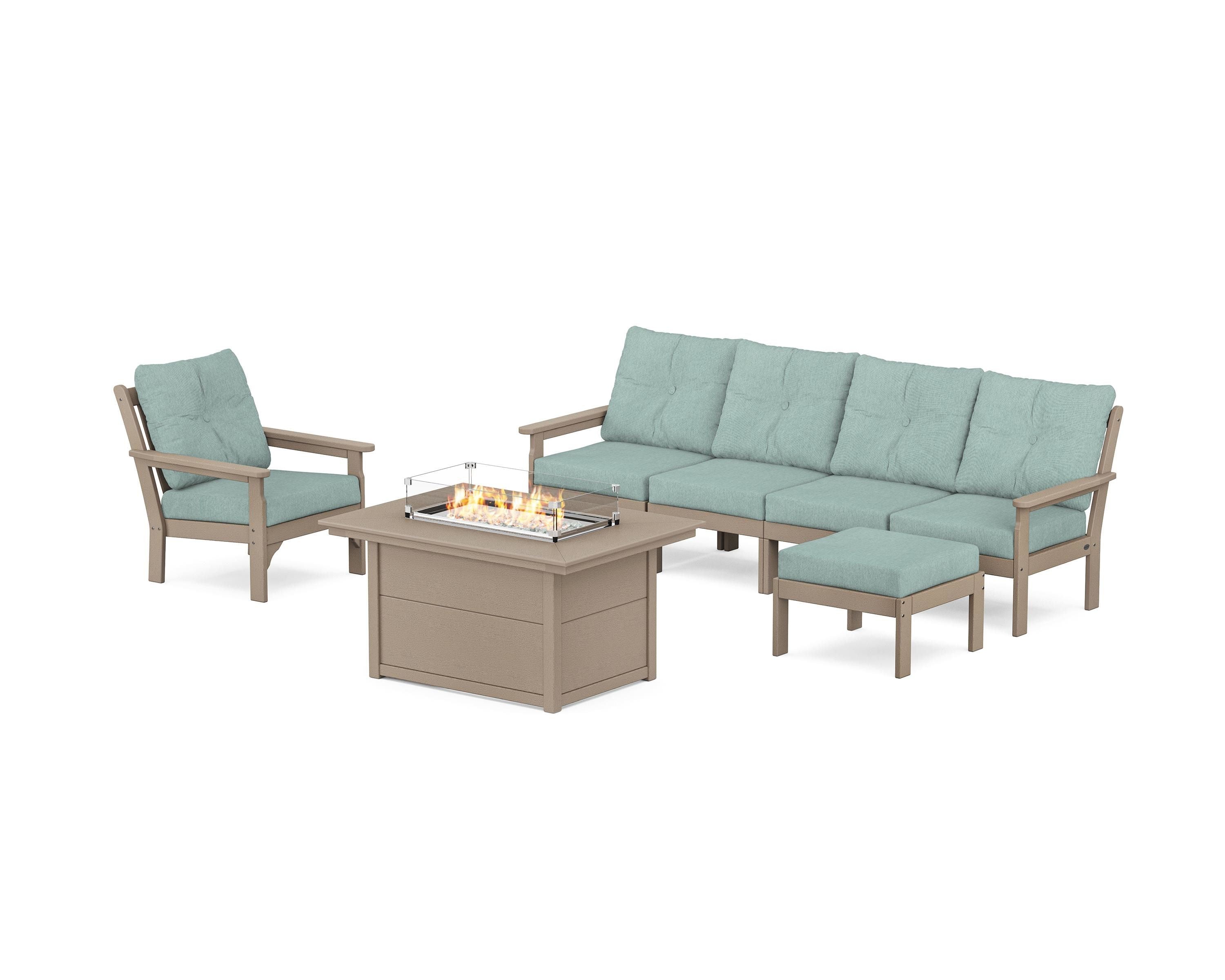 POLYWOOD Vineyard Sectional Lounge and Fire Pit Set in Vintage Sahara / Glacier Spa