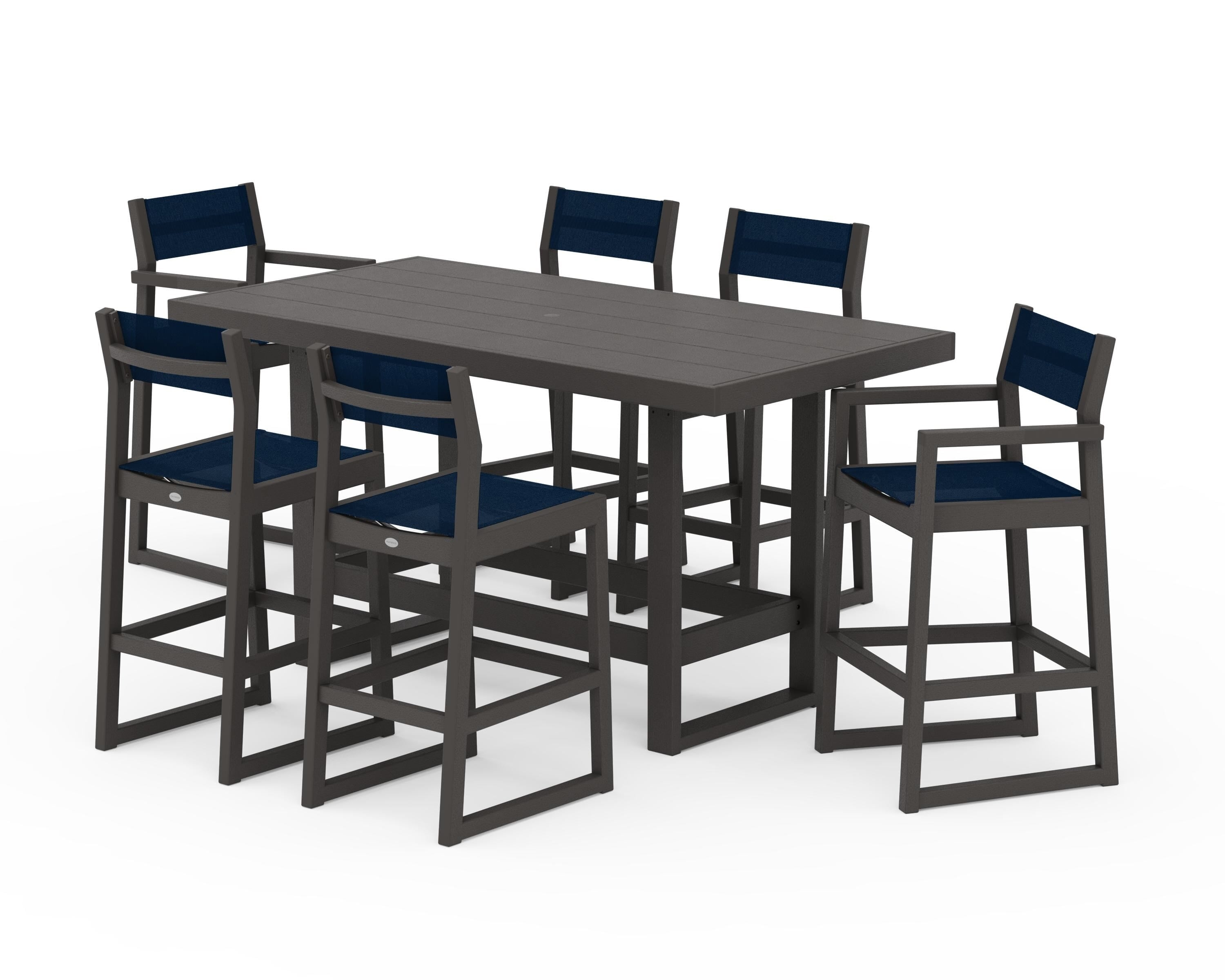 POLYWOOD EDGE Sling 7-Piece Bar Table Set in Vintage Coffee / Navy Blue Sling