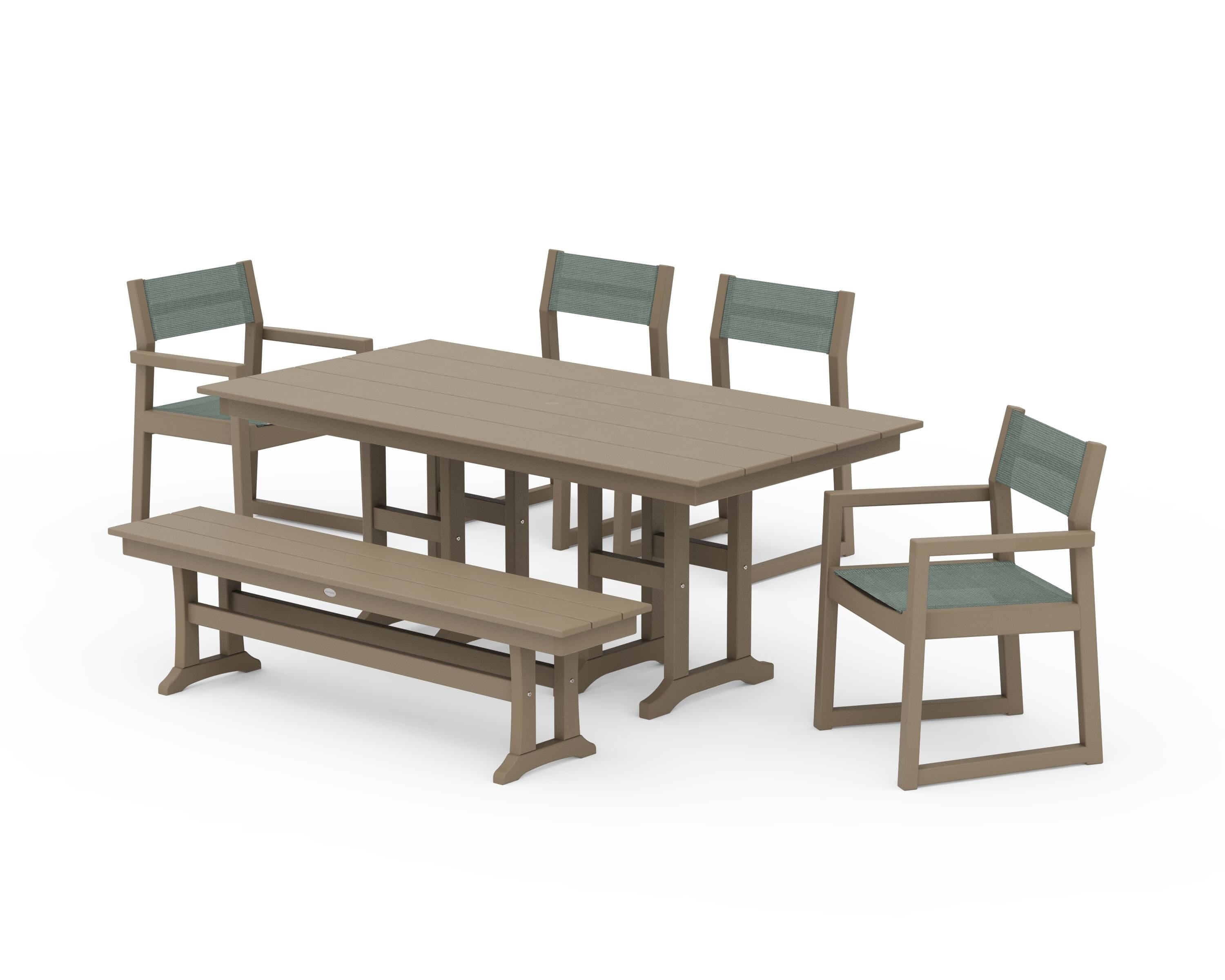POLYWOOD EDGE Sling 6-Piece Farmhouse Dining Set in Vintage Sahara / Dupioni Sea Mist Sling