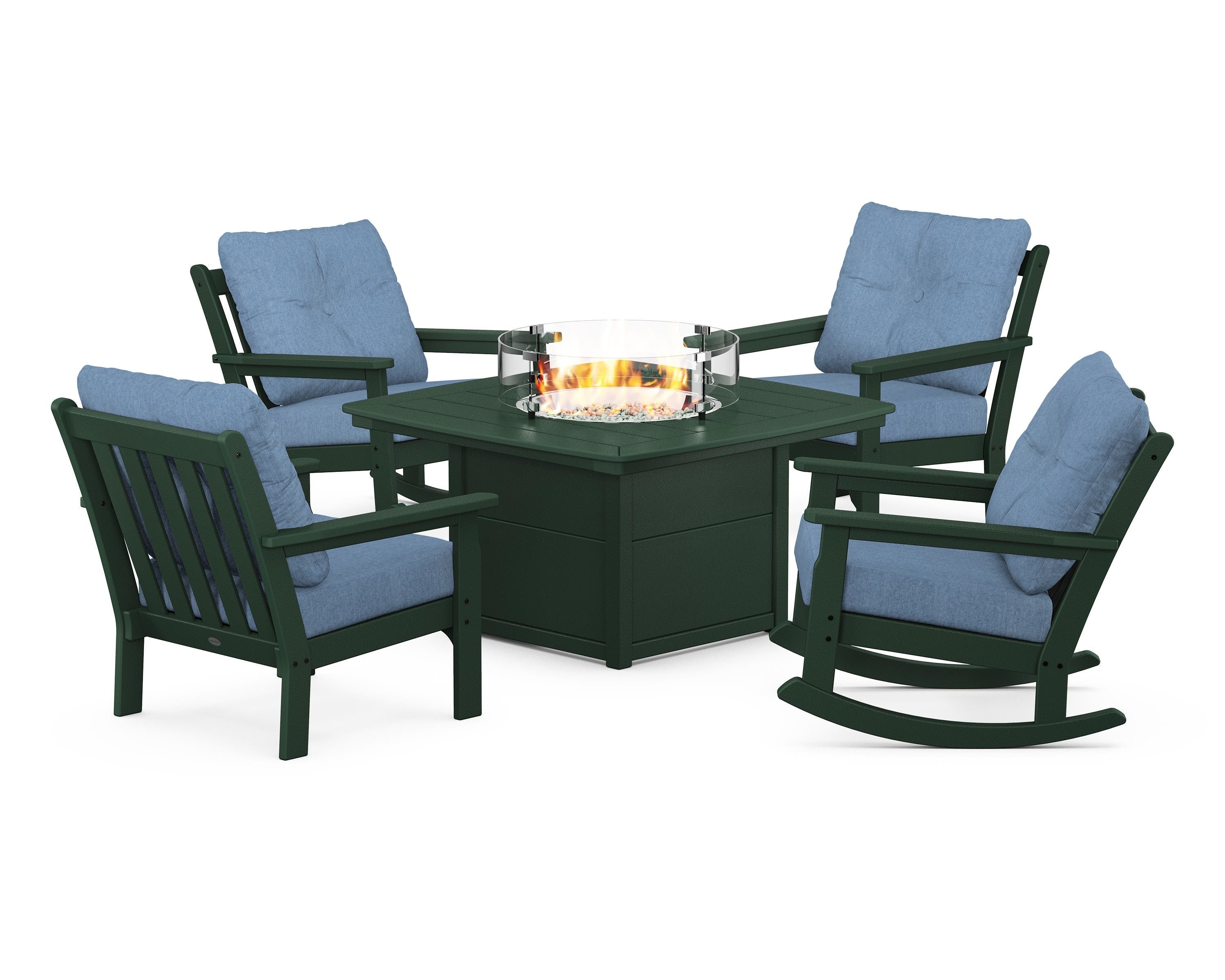 POLYWOOD Vineyard 5-Piece Deep Seating Rocking Chair Conversation Set with Fire Pit Table in Green / Sky Blue