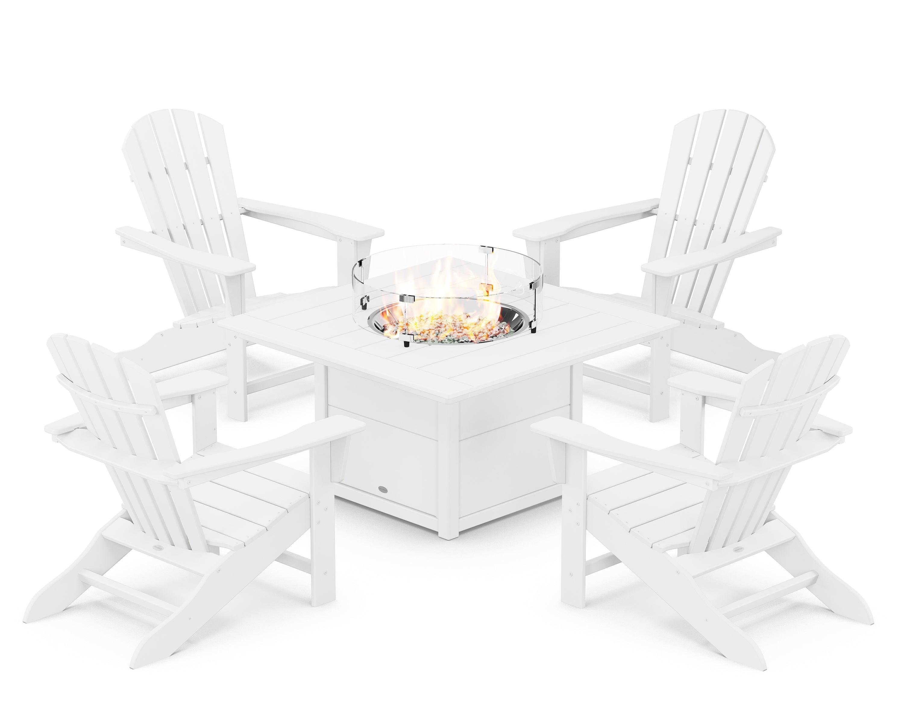 POLYWOOD Palm Coast 5-Piece Adirondack Chair Conversation Set with Fire Pit Table in White