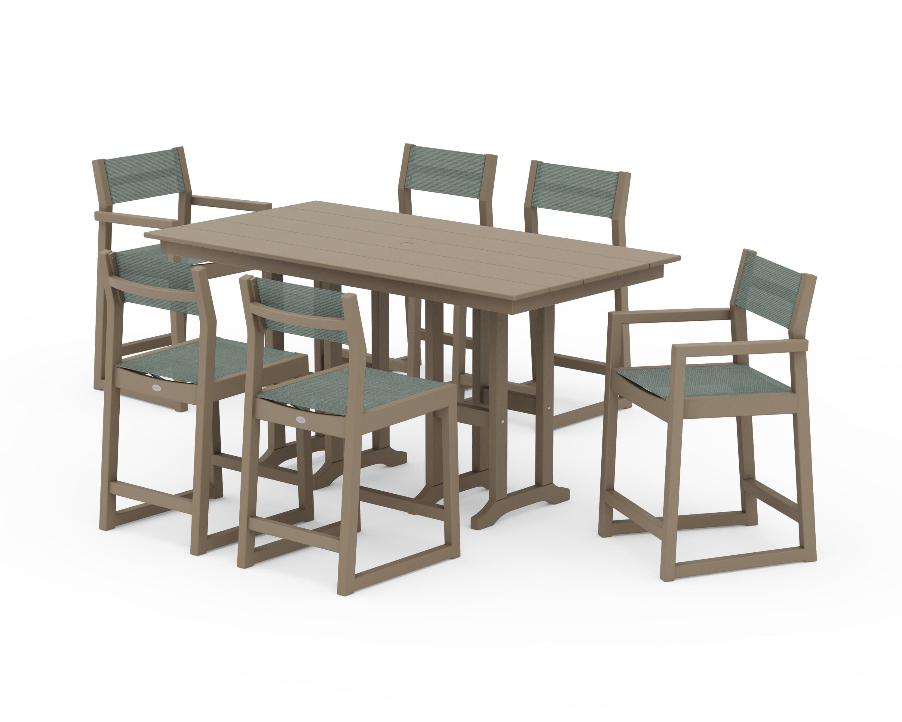 POLYWOOD EDGE Sling 7-Piece Farmhouse Counter Set in Vintage Sahara / Dupioni Sea Mist Sling