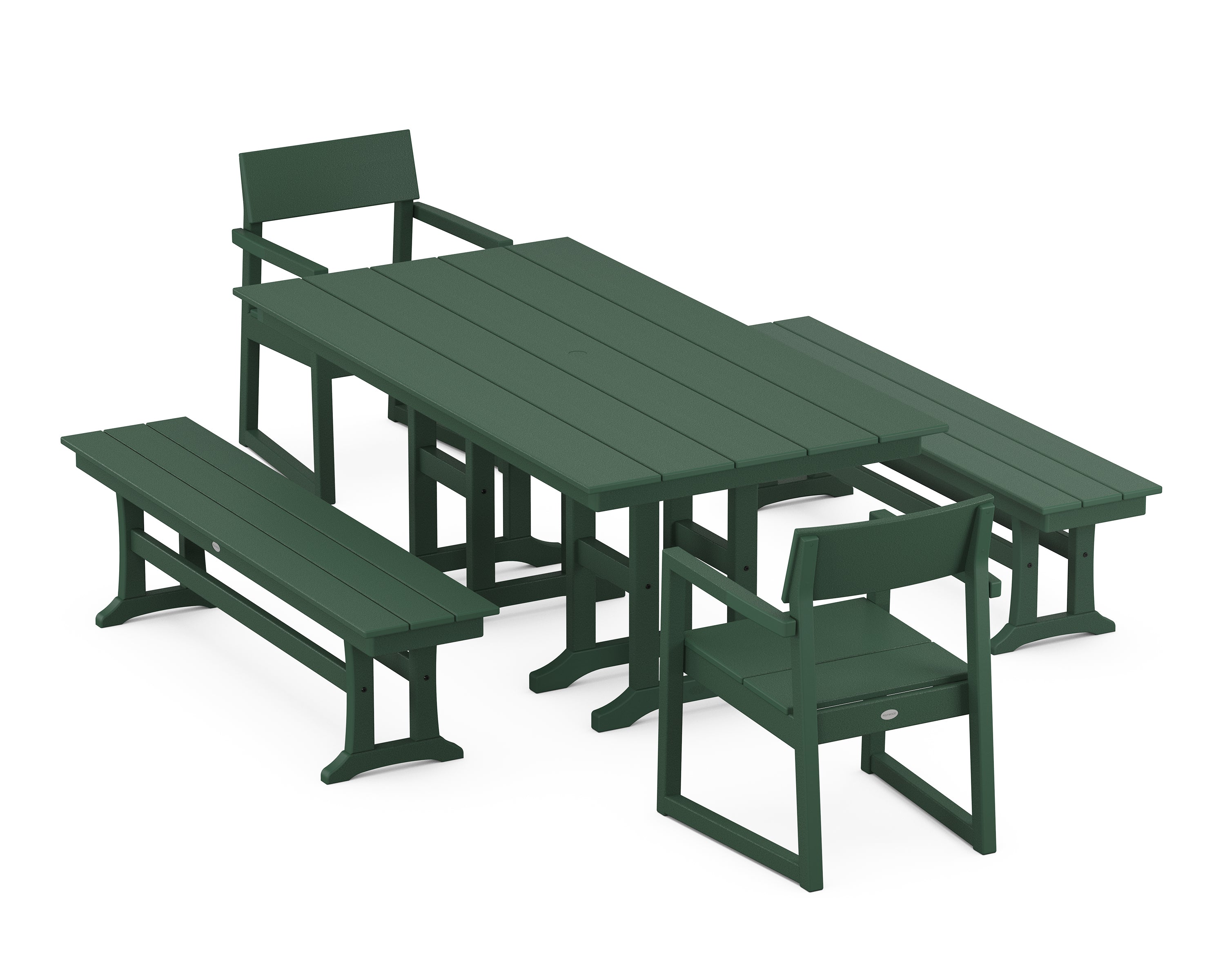 POLYWOOD EDGE 5-Piece Farmhouse Dining Set with Benches in Green