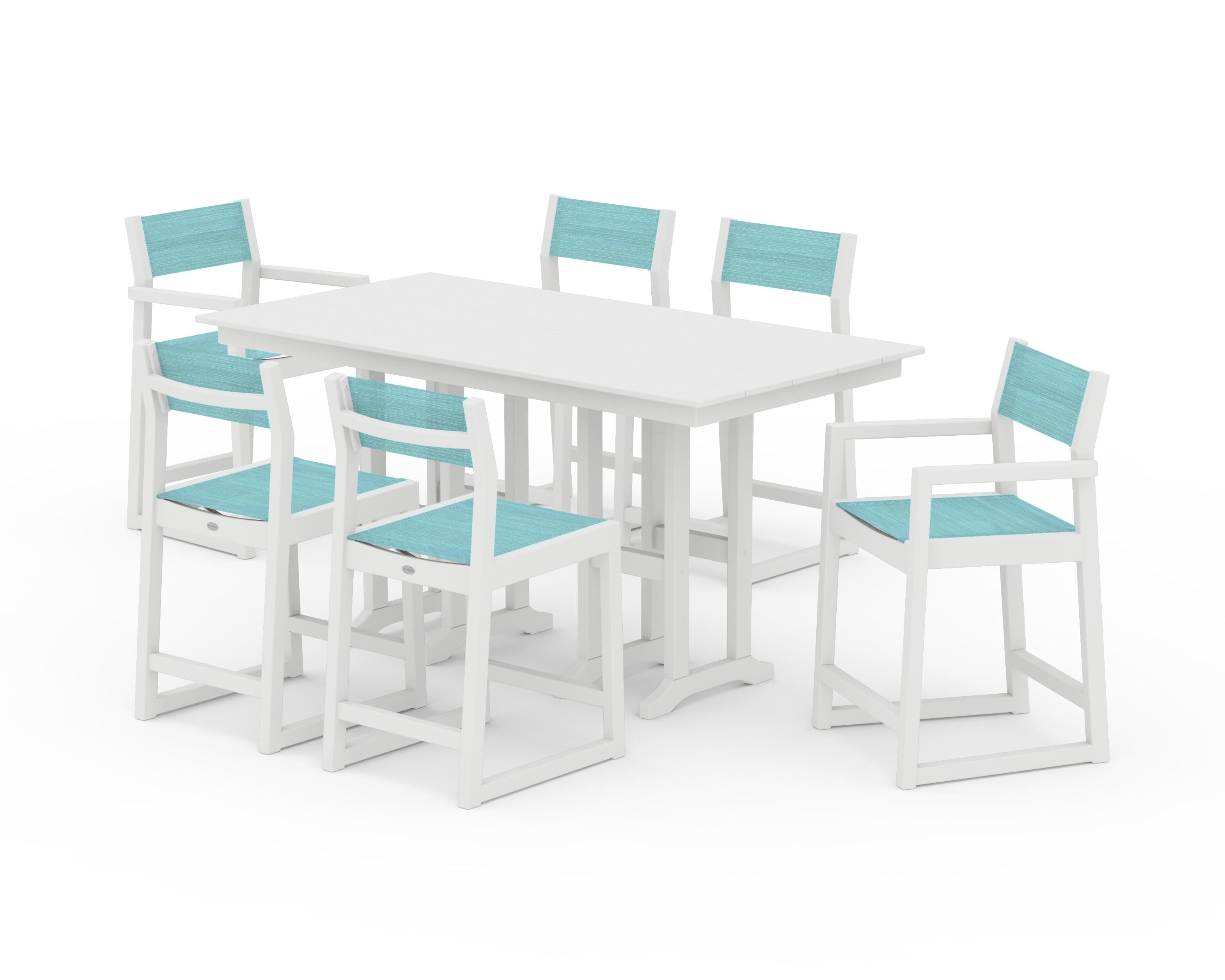 POLYWOOD EDGE Sling 7-Piece Farmhouse Counter Set with Trestle Legs in White / Dupioni Aquamarine Sling