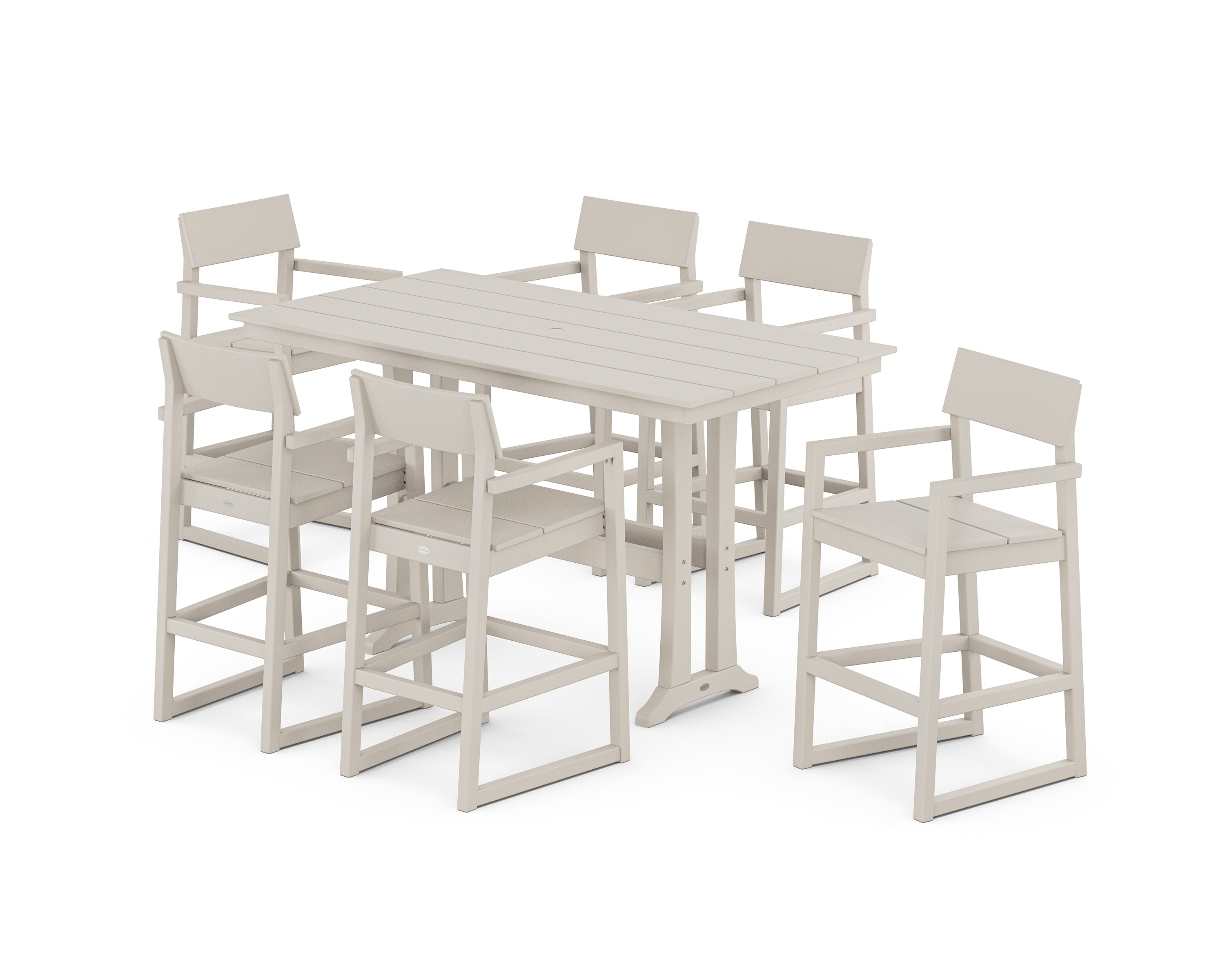 POLYWOOD® EDGE Arm Chair 7-Piece Farmhouse Bar Set with Trestle Legs in Sand