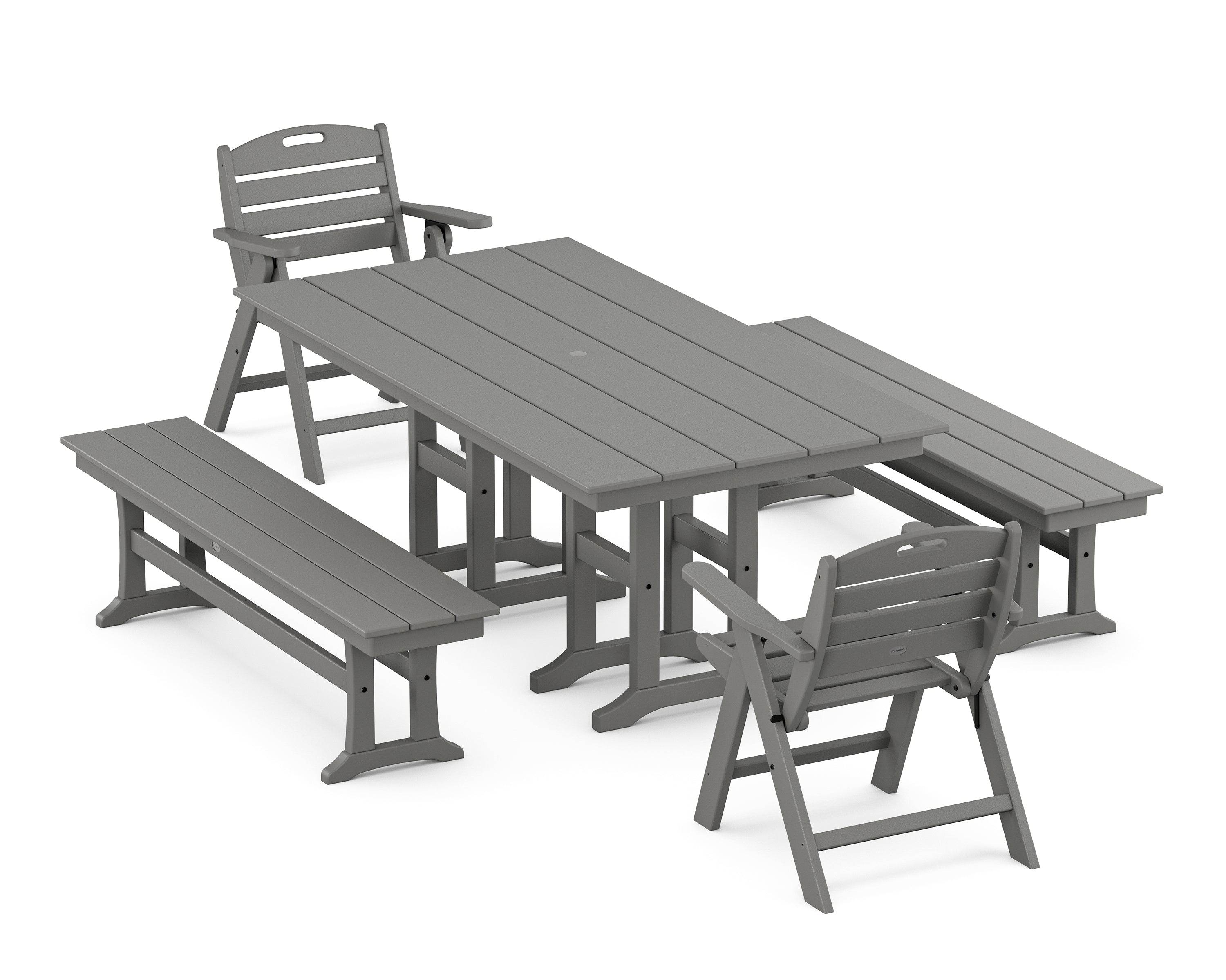 POLYWOOD Nautical Lowback 5-Piece Farmhouse Dining Set with Benches in Slate Grey
