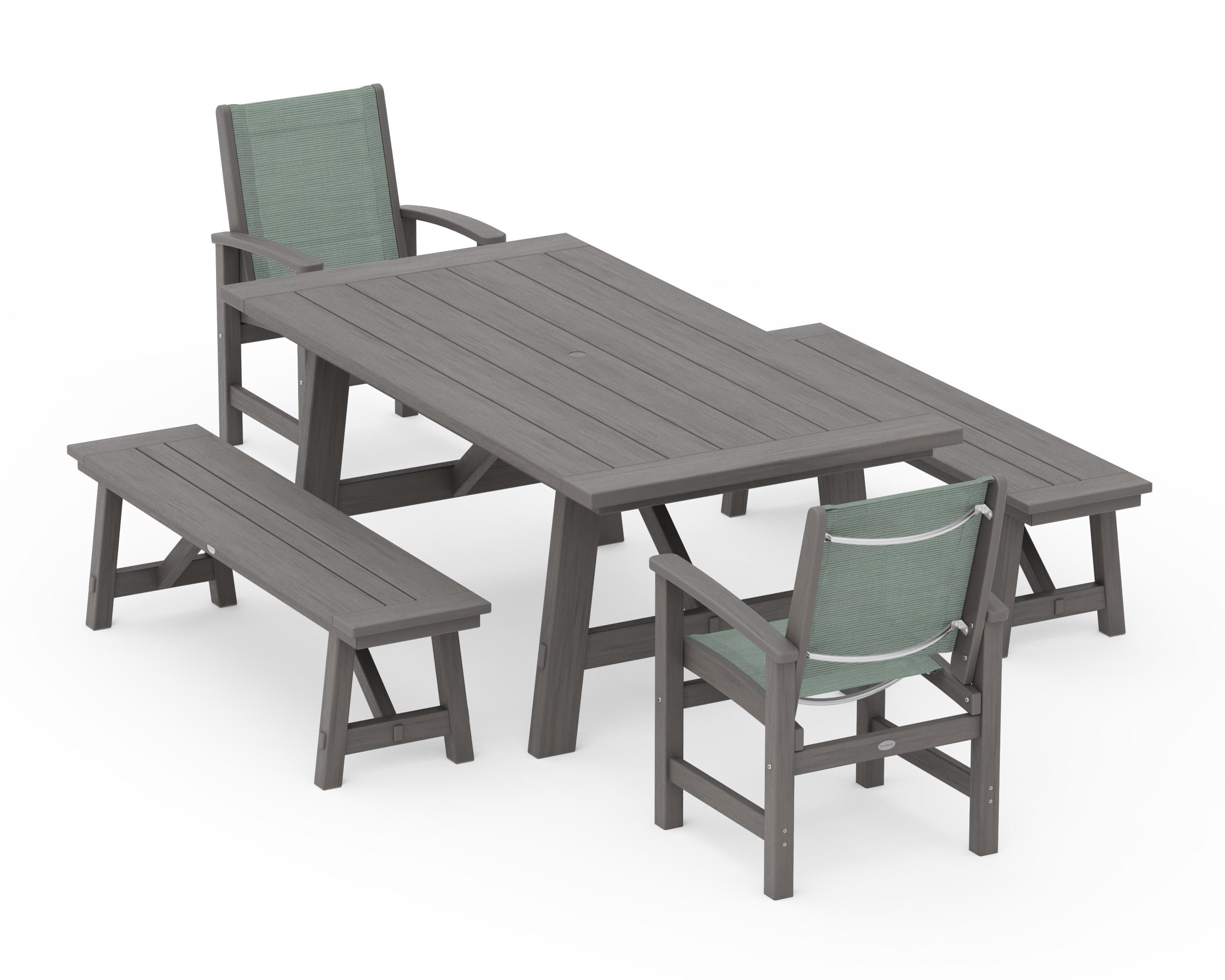 POLYWOOD Coastal 5-Piece Rustic Farmhouse Dining Set With Benches in Driftwood / Dupioni Sea Mist Sling