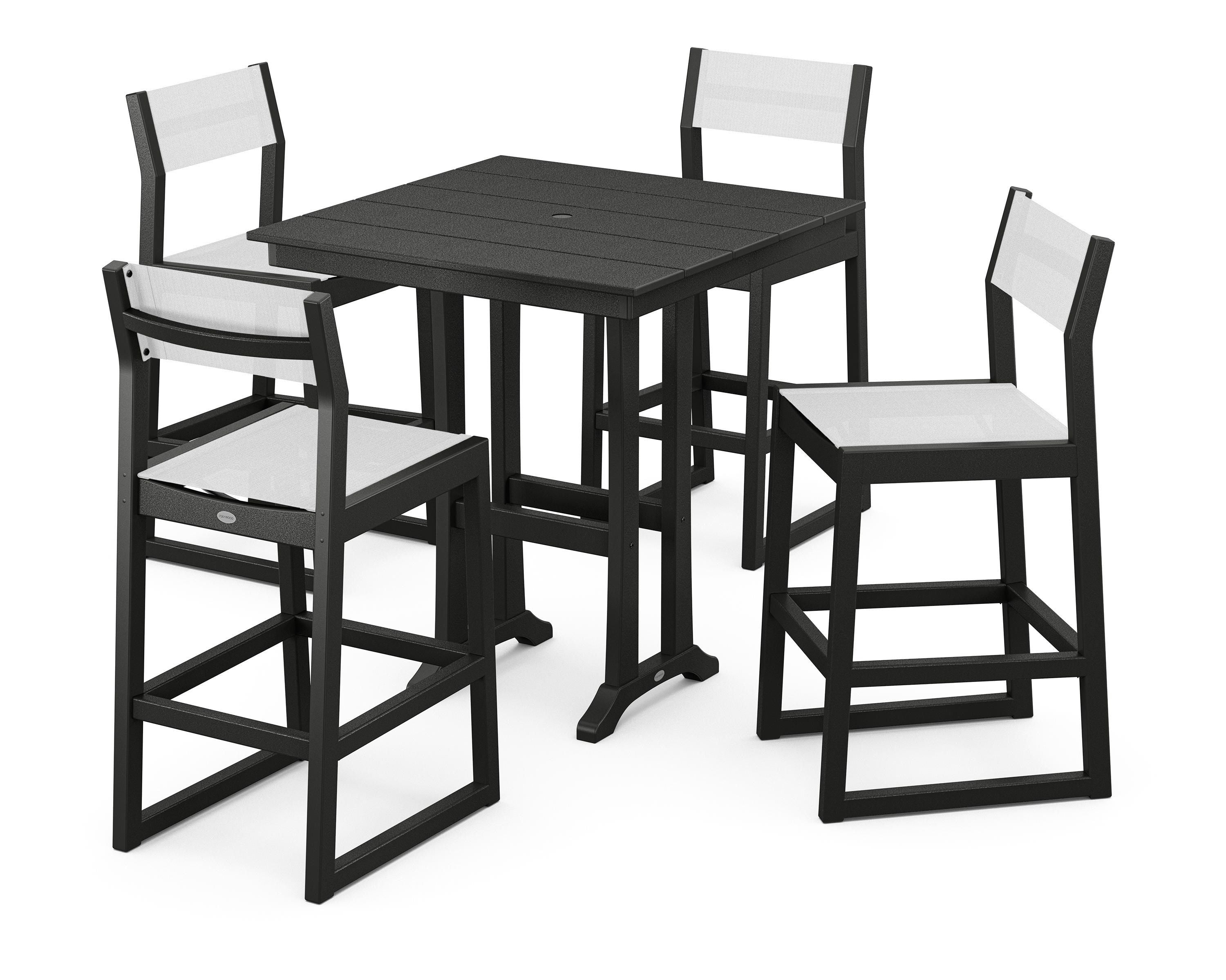POLYWOOD EDGE Sling Arm Chair 5-Piece Farmhouse Bar Set with Trestle Legs in Black / White Sling