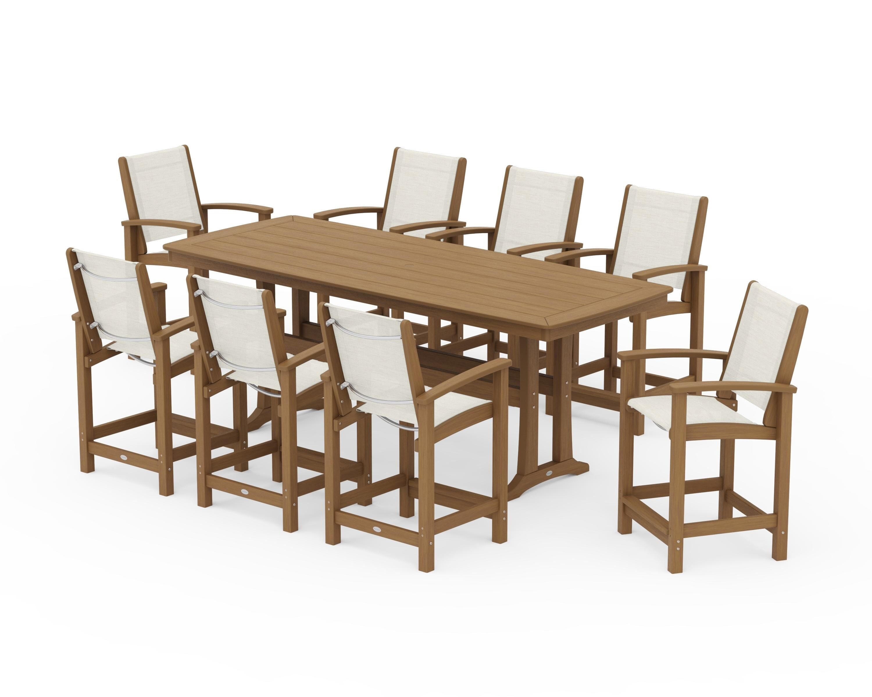 POLYWOOD Coastal 9-Piece Counter Set with Trestle Legs in Natural / Parchment Sling