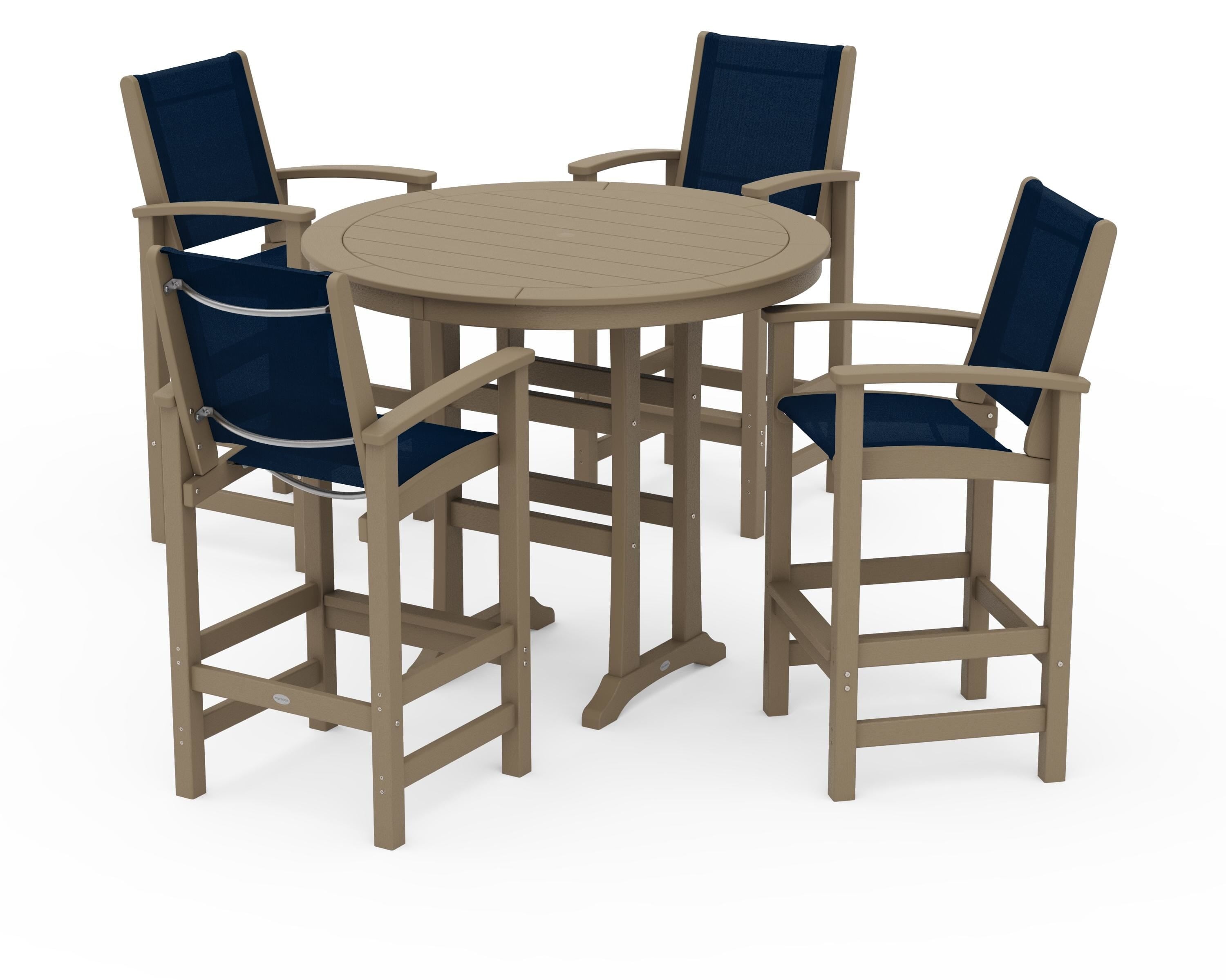 POLYWOOD Coastal 5-Piece Nautical Trestle Bar Set in Vintage Sahara / Navy Blue Sling