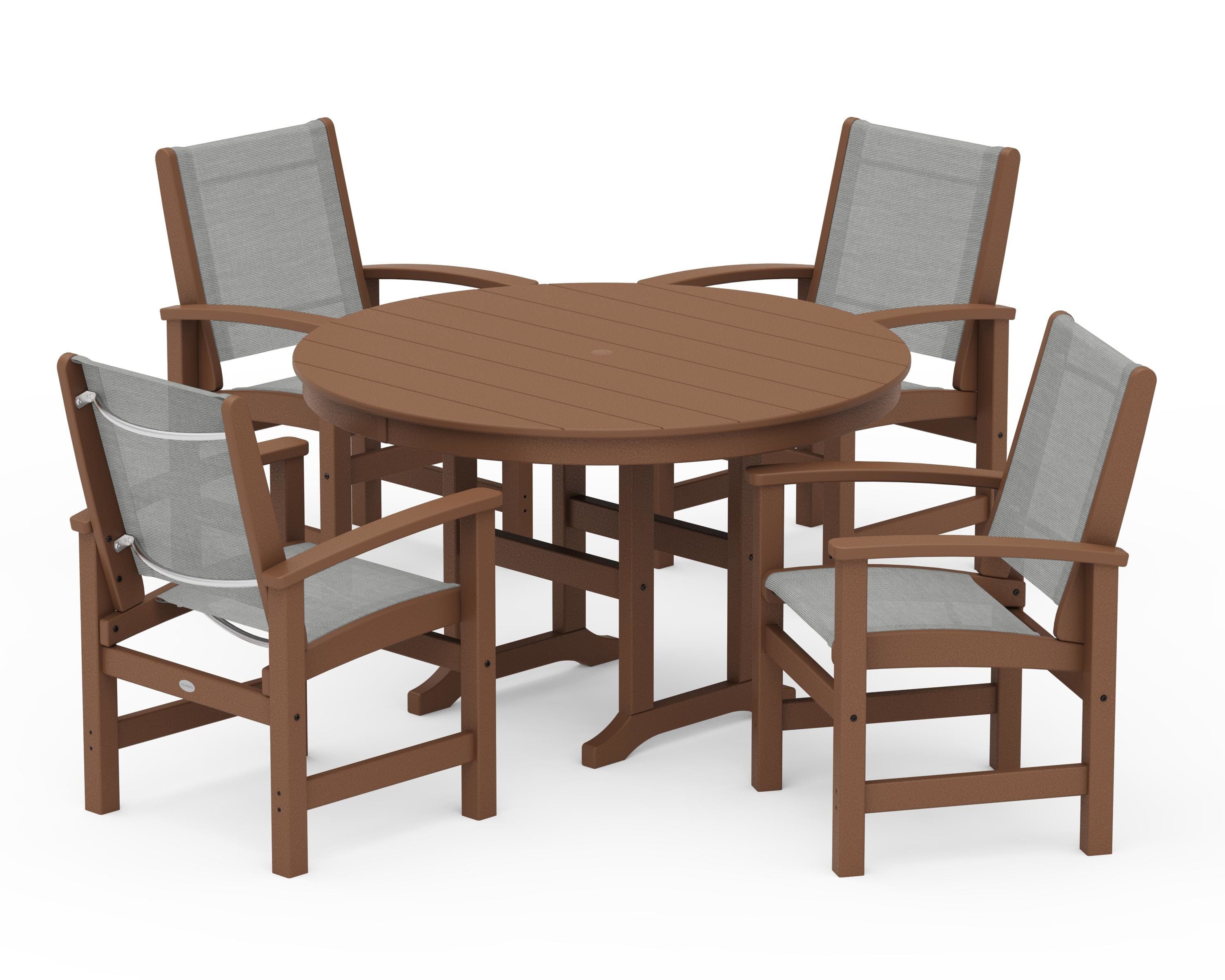 POLYWOOD Coastal 5-Piece Round Farmhouse Dining Set in Teak / Metallic Sling