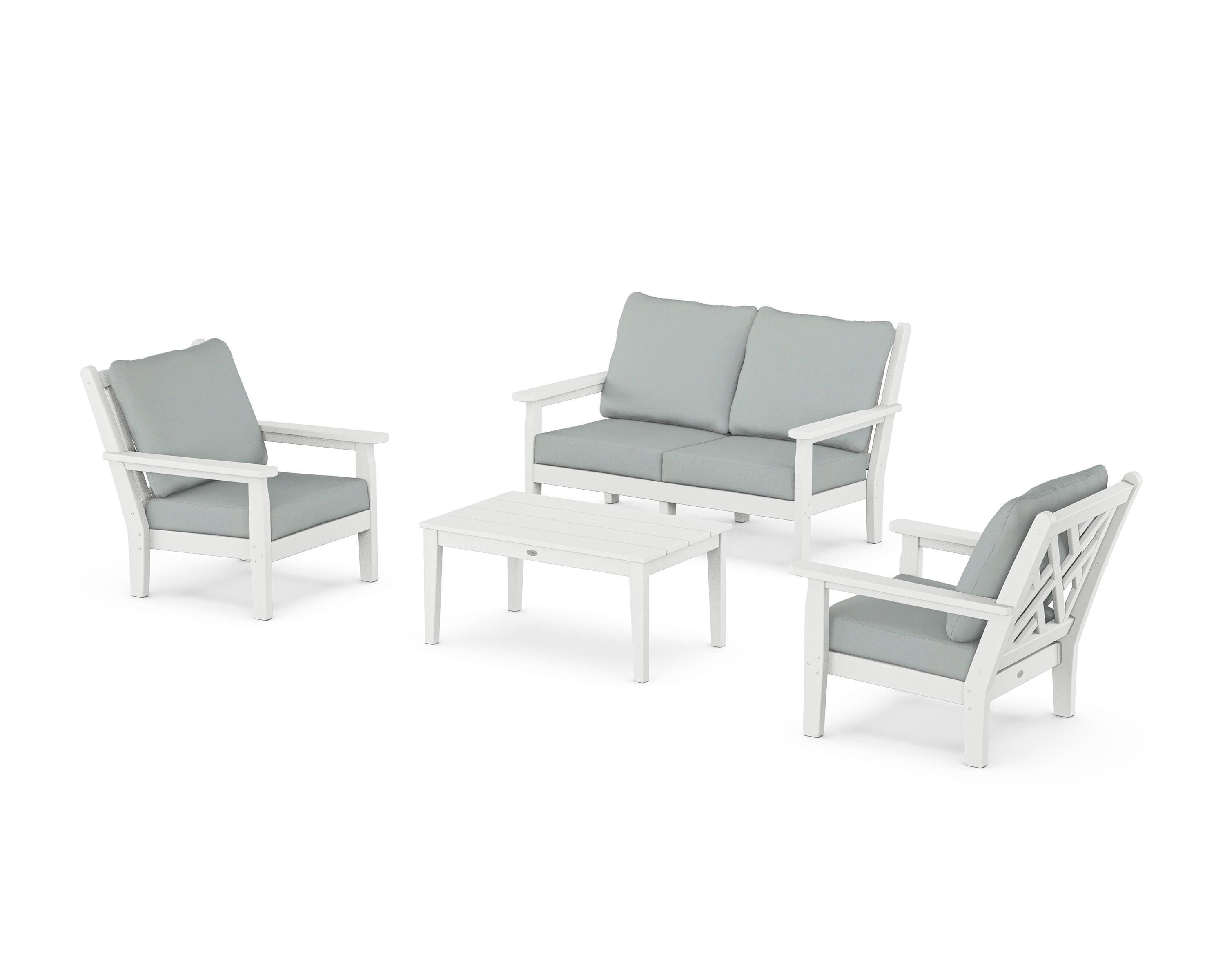 POLYWOOD Chippendale 4-Piece Deep Seating Set with Loveseat in White / Spa