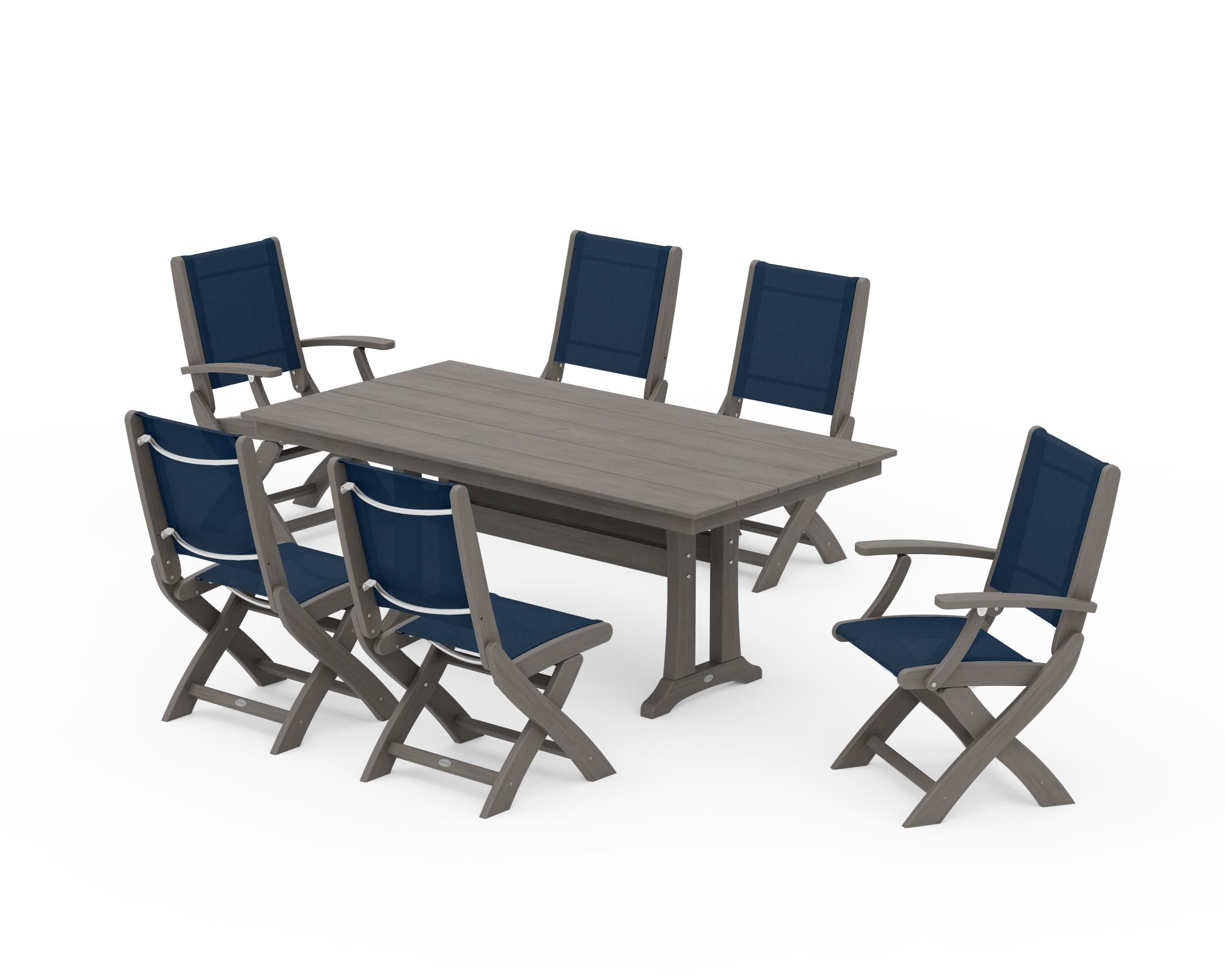 POLYWOOD Coastal Folding Chair 7-Piece Farmhouse Dining Set with Trestle Legs in Driftwood / Navy Blue Sling