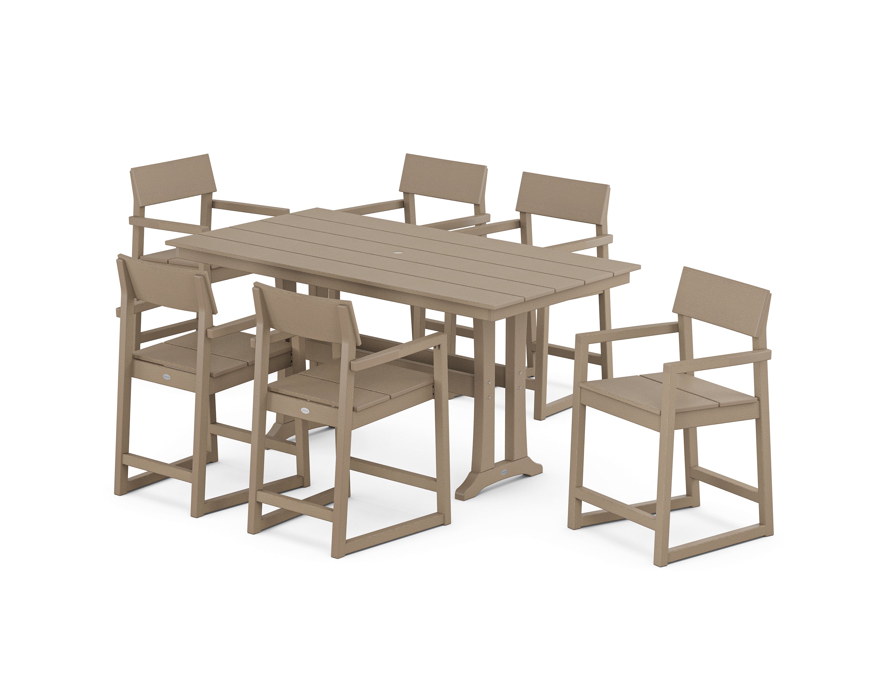POLYWOOD EDGE Arm Chair 7-Piece Farmhouse Counter Set with Trestle Legs in Vintage Sahara