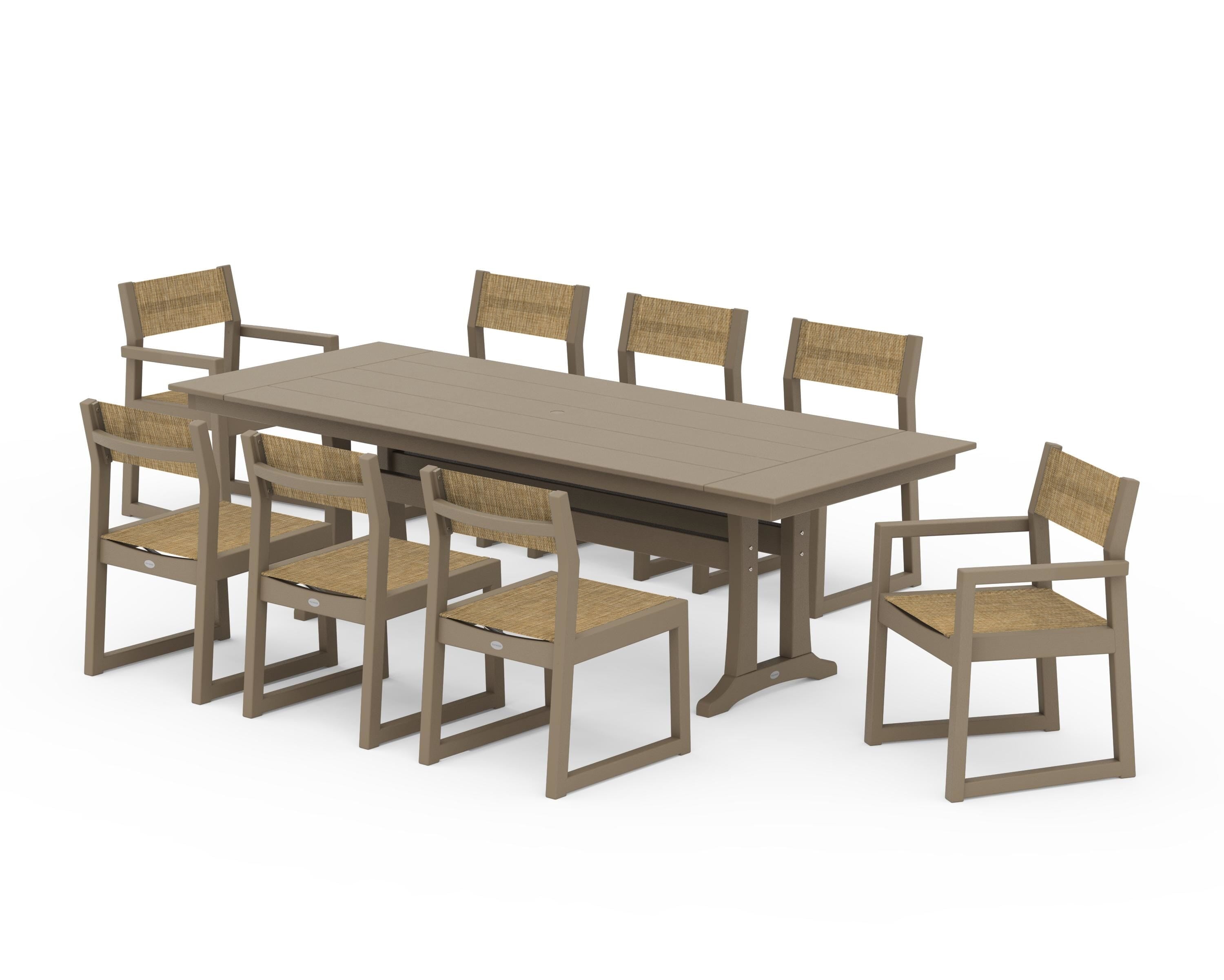POLYWOOD EDGE Sling 9-Piece Farmhouse Trestle Dining Set in Vintage Sahara / Burlap Sling