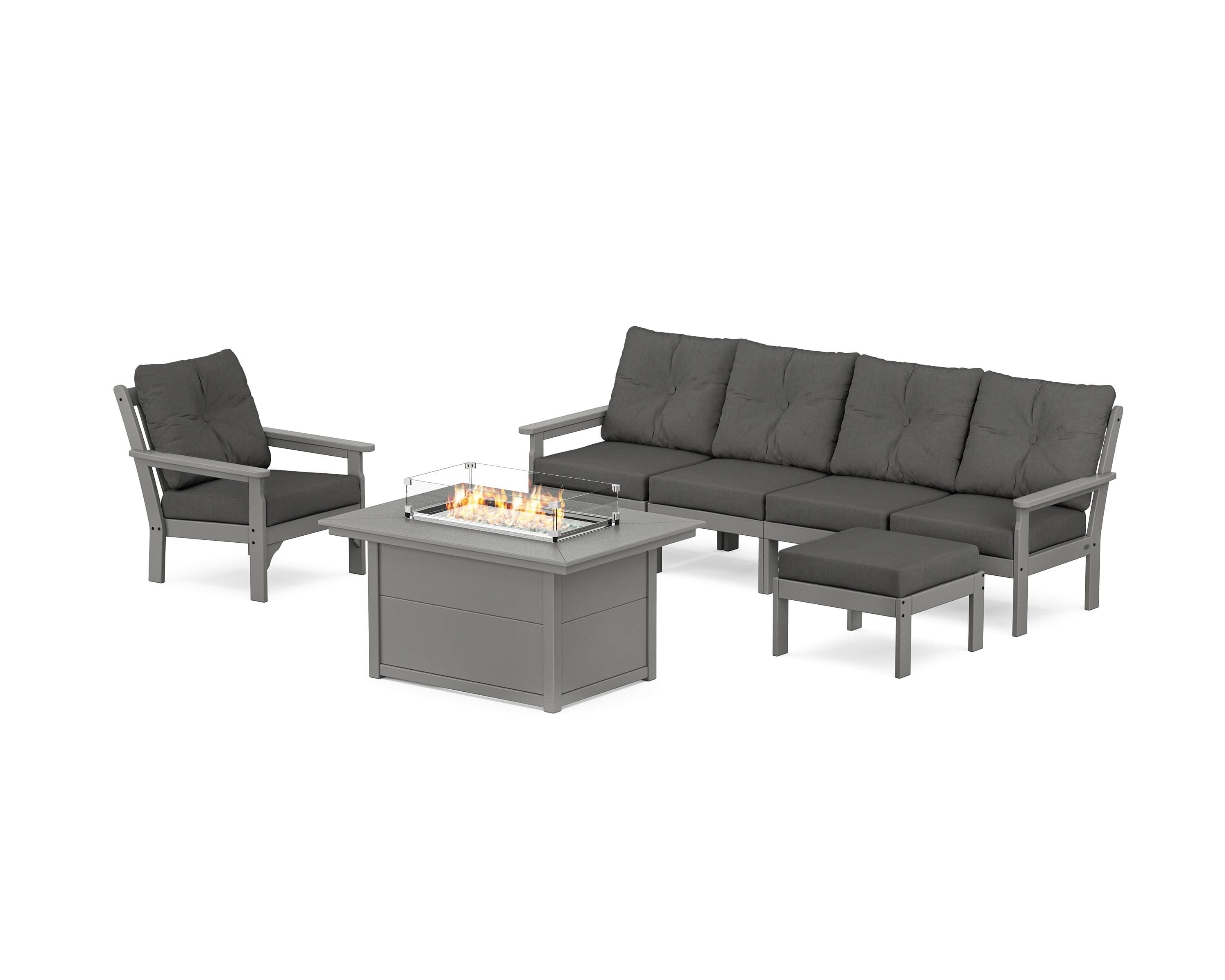 POLYWOOD Vineyard Sectional Lounge and Fire Pit Set in Slate Grey / Spectrum Carbon